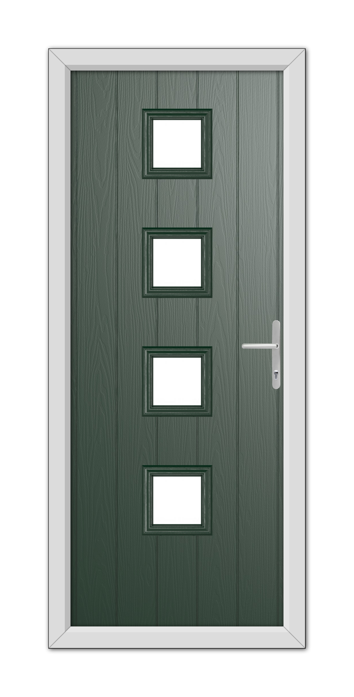 A modern Green Hamilton Composite Door 48mm Timber Core with a silver handle and four rectangular windows, set within a white frame.