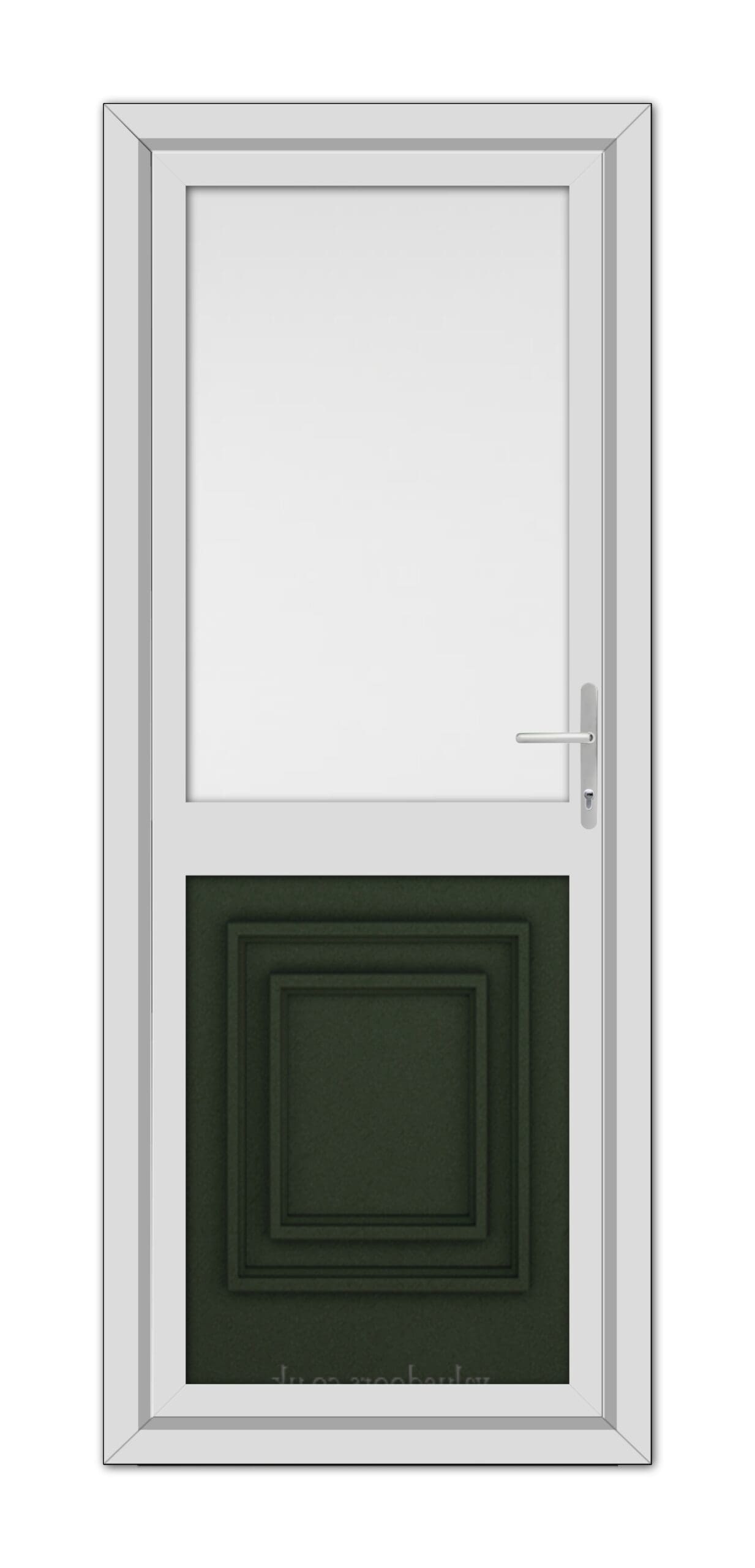 A Green Hannover Half uPVC Back Door with a square frosted glass window at the top and a raised green panel at the bottom.