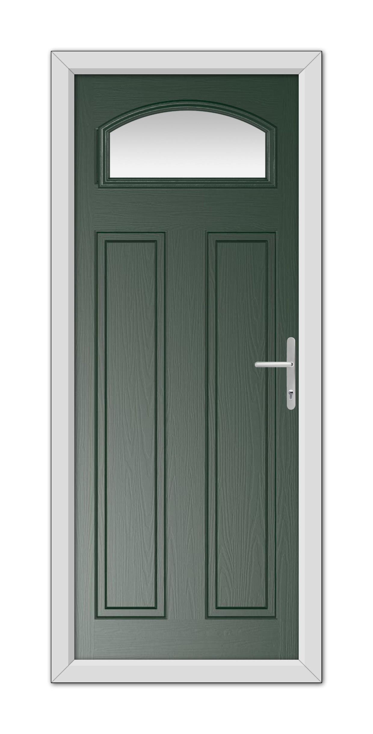 A Green Harlington Composite Door 48mm Timber Core with a white frame and an arched window above, featuring a modern handle on the right.