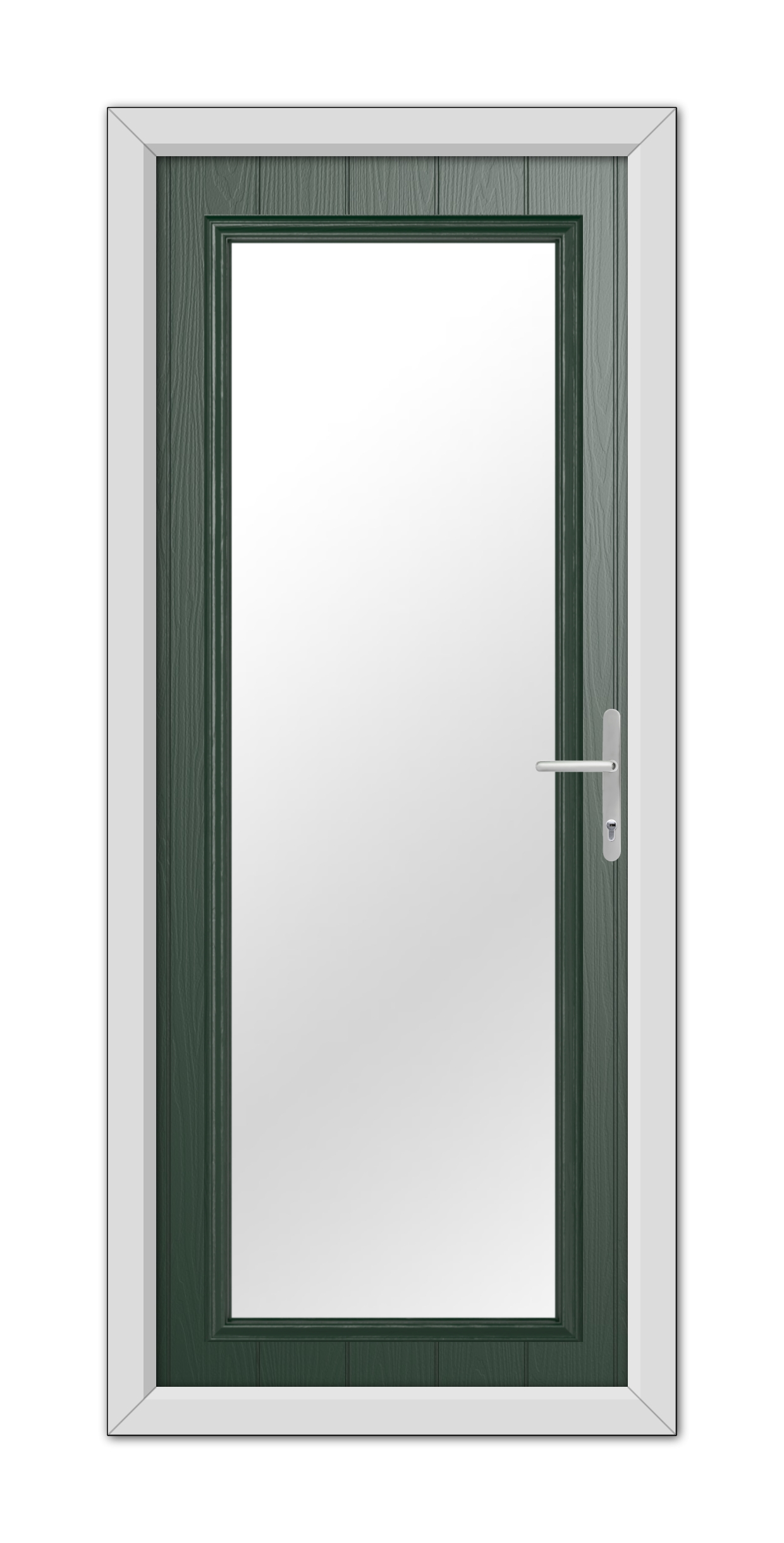 A modern Green Hatton Composite Door 48mm Timber Core with a vertical glass panel and a white metal handle, set within a white frame.