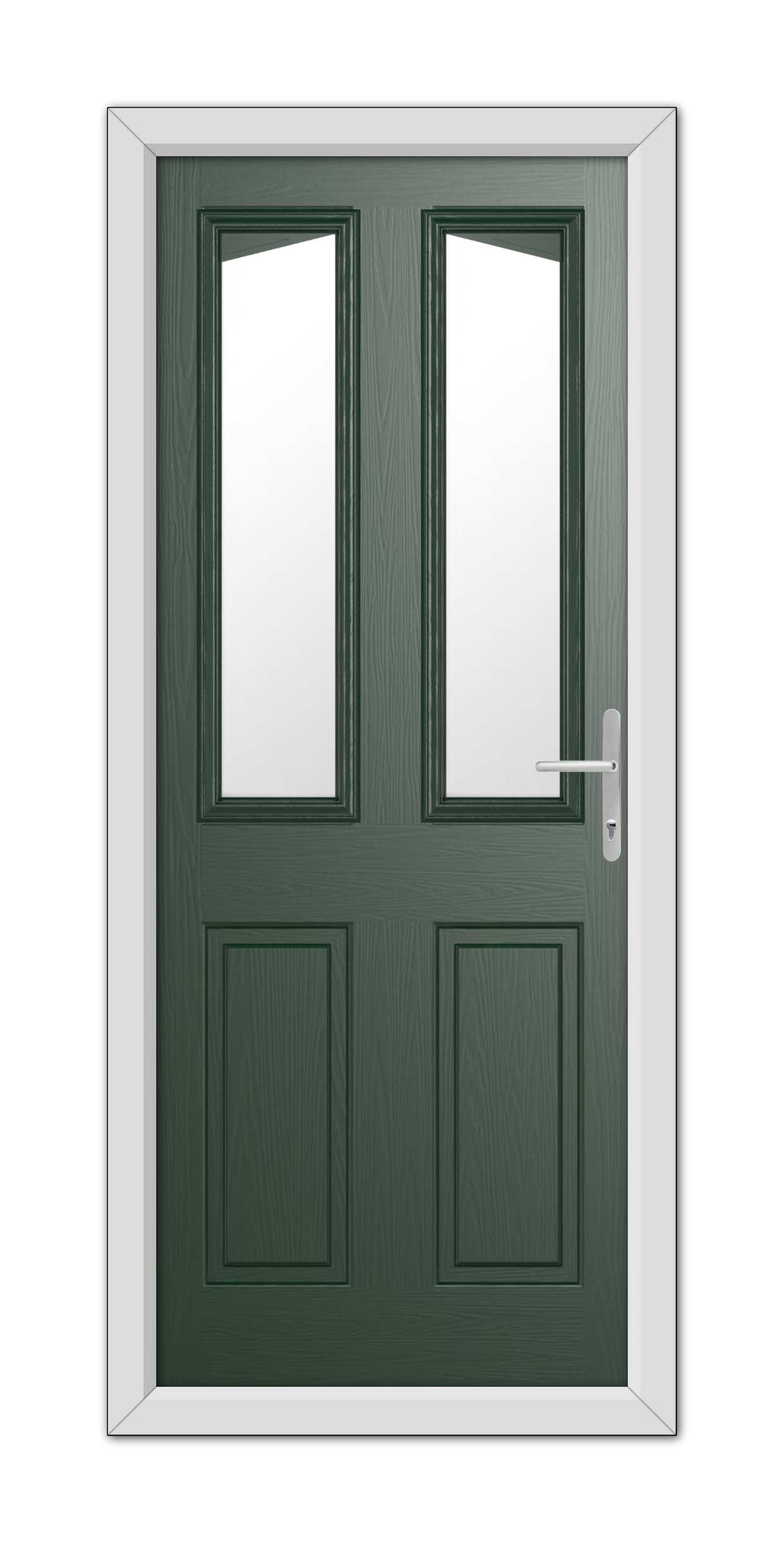 Double door with a Green Highbury Composite Door 48mm Timber Core finish and rectangular glass panels at the top, completed with a white frame and a metallic handle on the right.