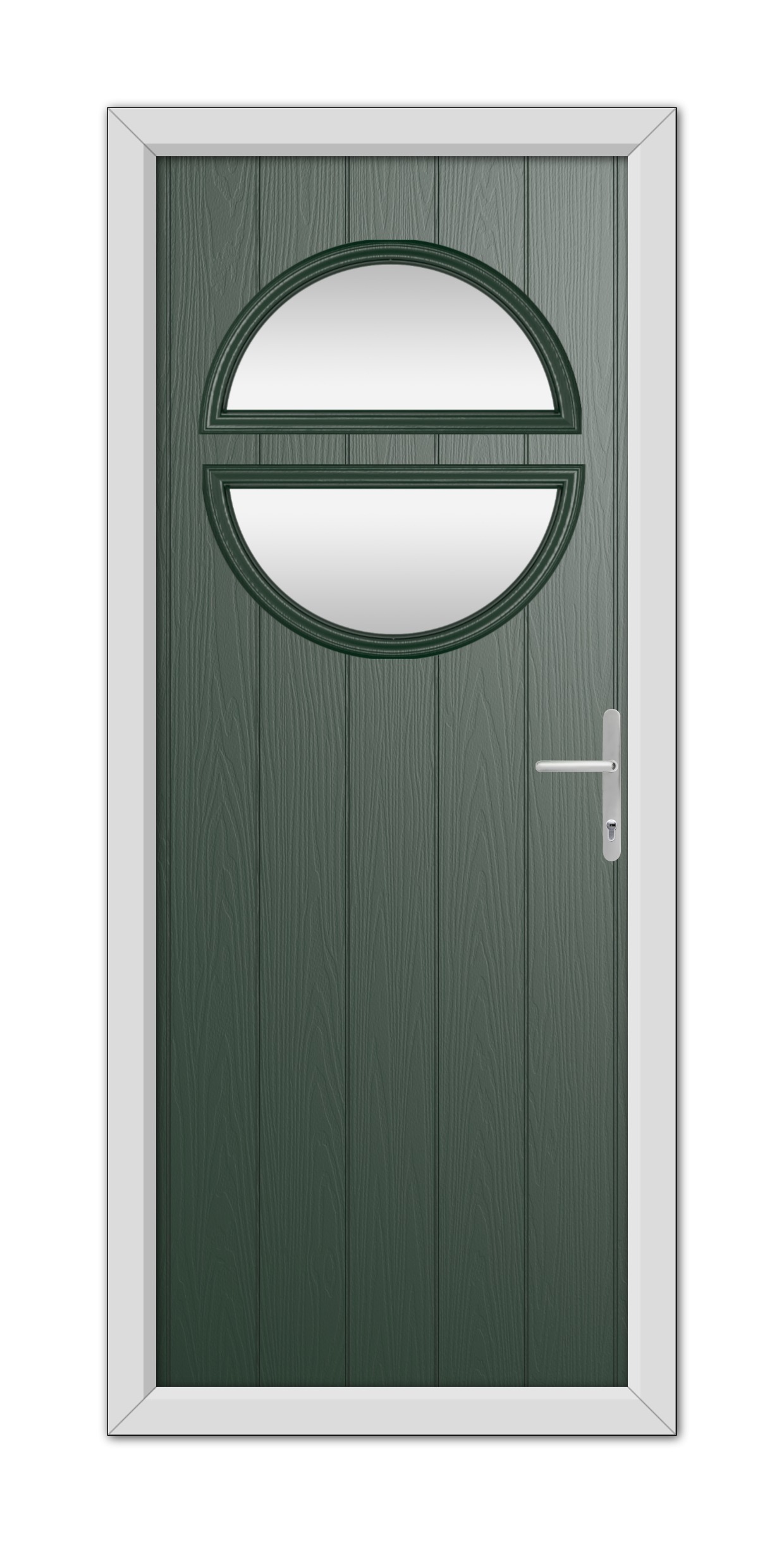 A modern Green Kent Composite Door 48mm Timber Core with an oval glass window and a metallic handle, set in a white frame.