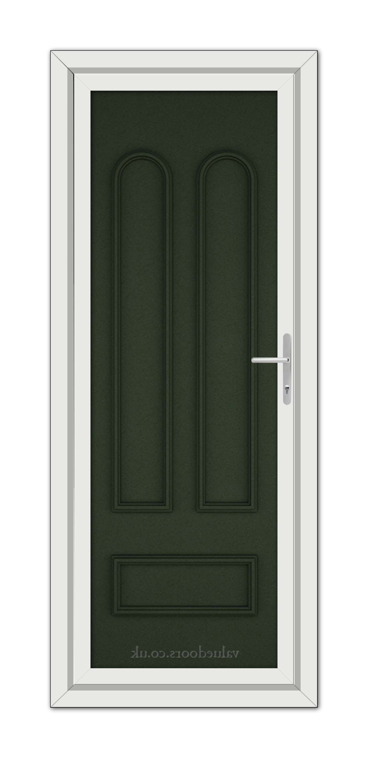 A Green Madrid Solid uPVC door with a white frame and a metallic handle, viewed from the front.