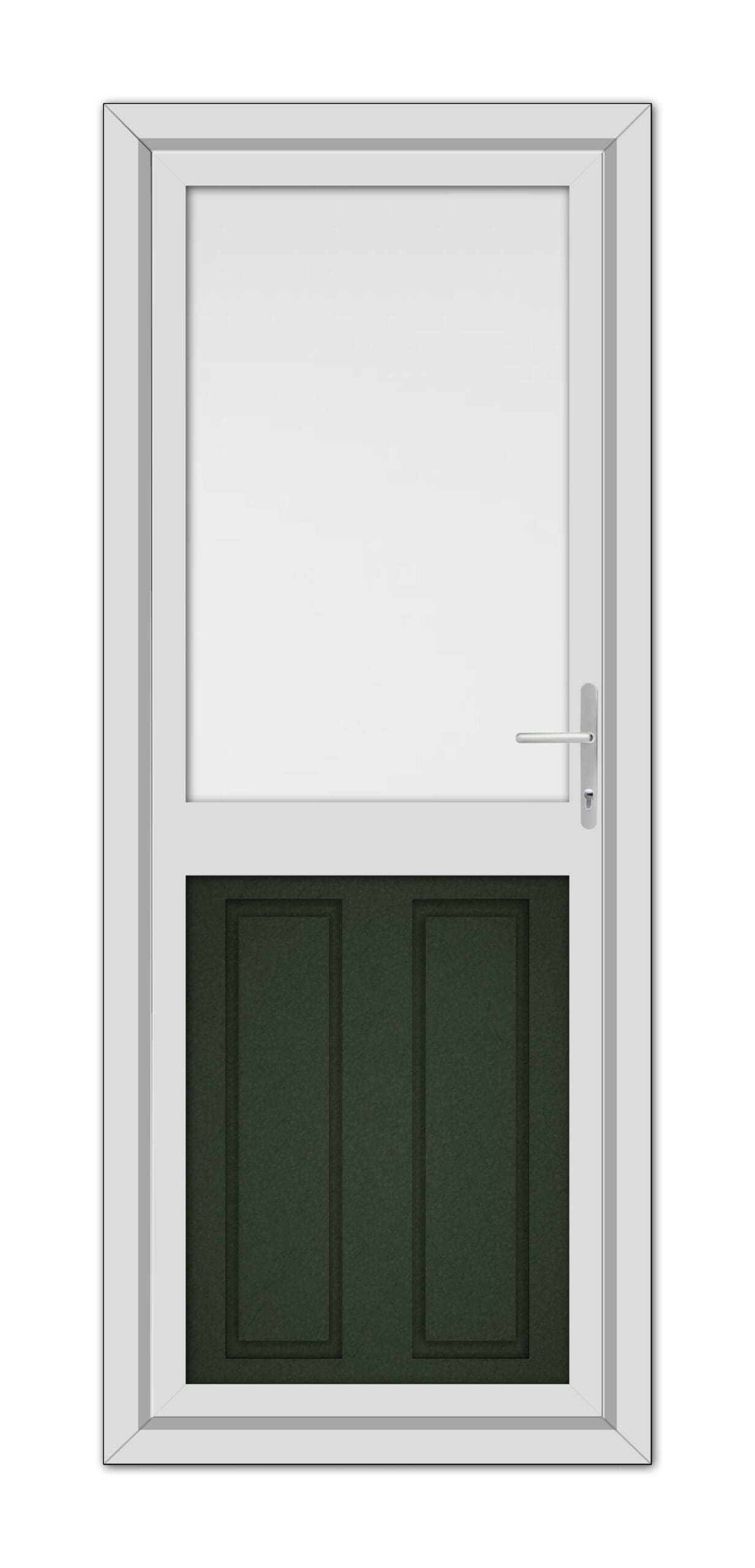 A Green Manor Half uPVC Back Door with a square glass window on top and dark green panels on the bottom, featuring a silver handle on the right side.