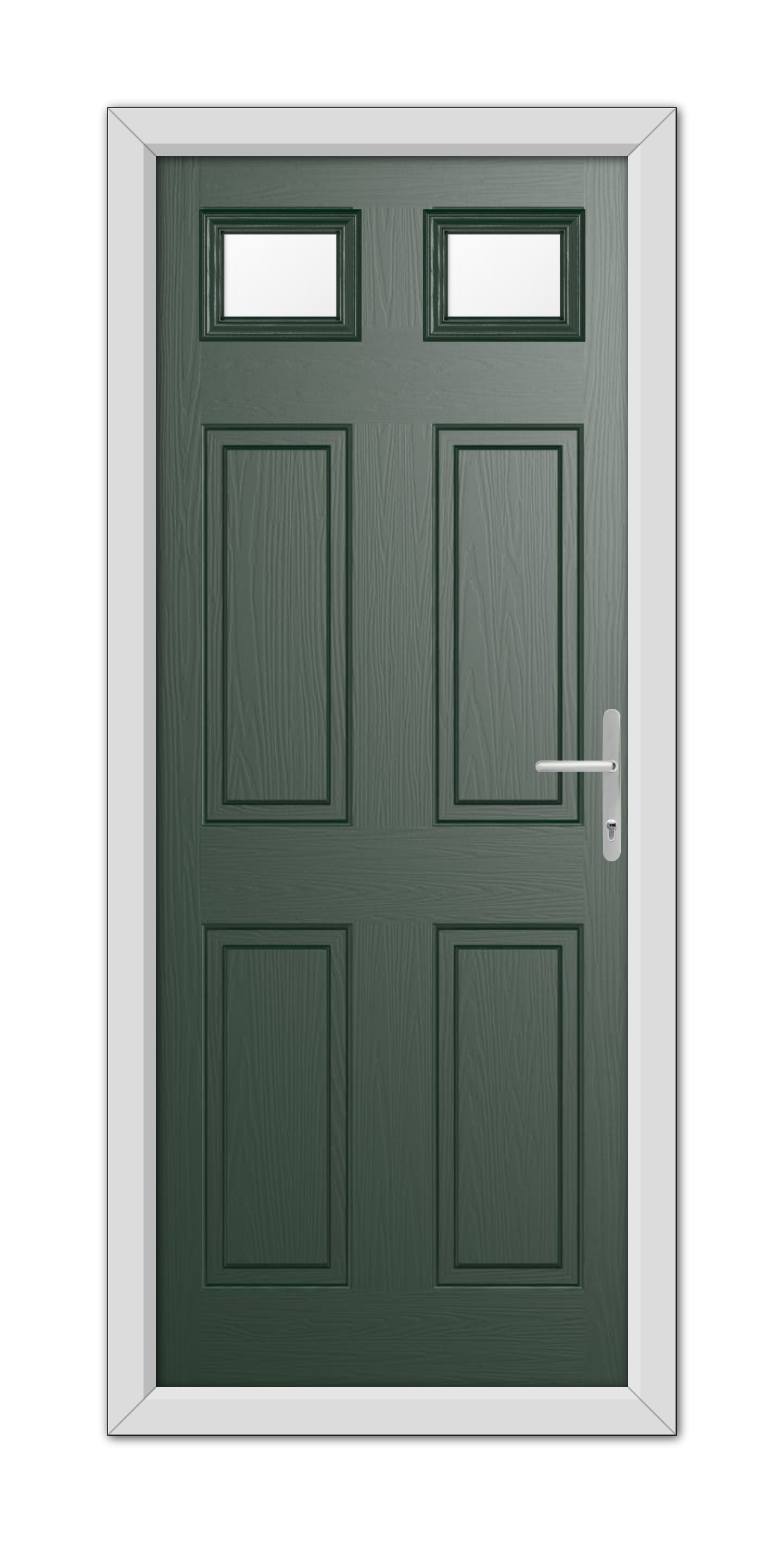 A modern Green Middleton Glazed 2 Composite Door 48mm Timber Core with four panels, three glass windows, and a white frame, equipped with a silver handle on the right.