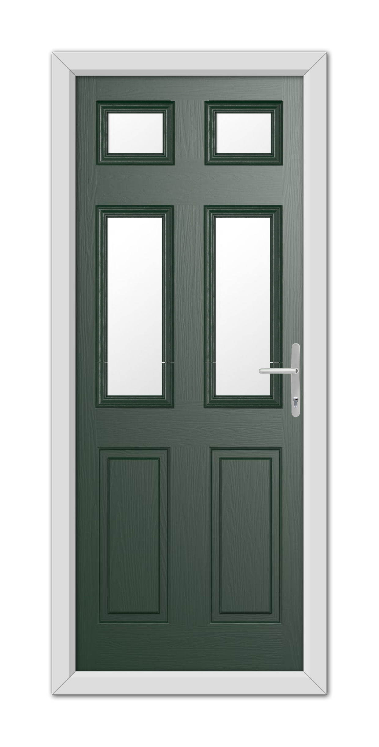 A Green Middleton Glazed 4 Composite Door 48mm Timber Core with rectangular glass panels and a silver handle, framed by a white door frame.