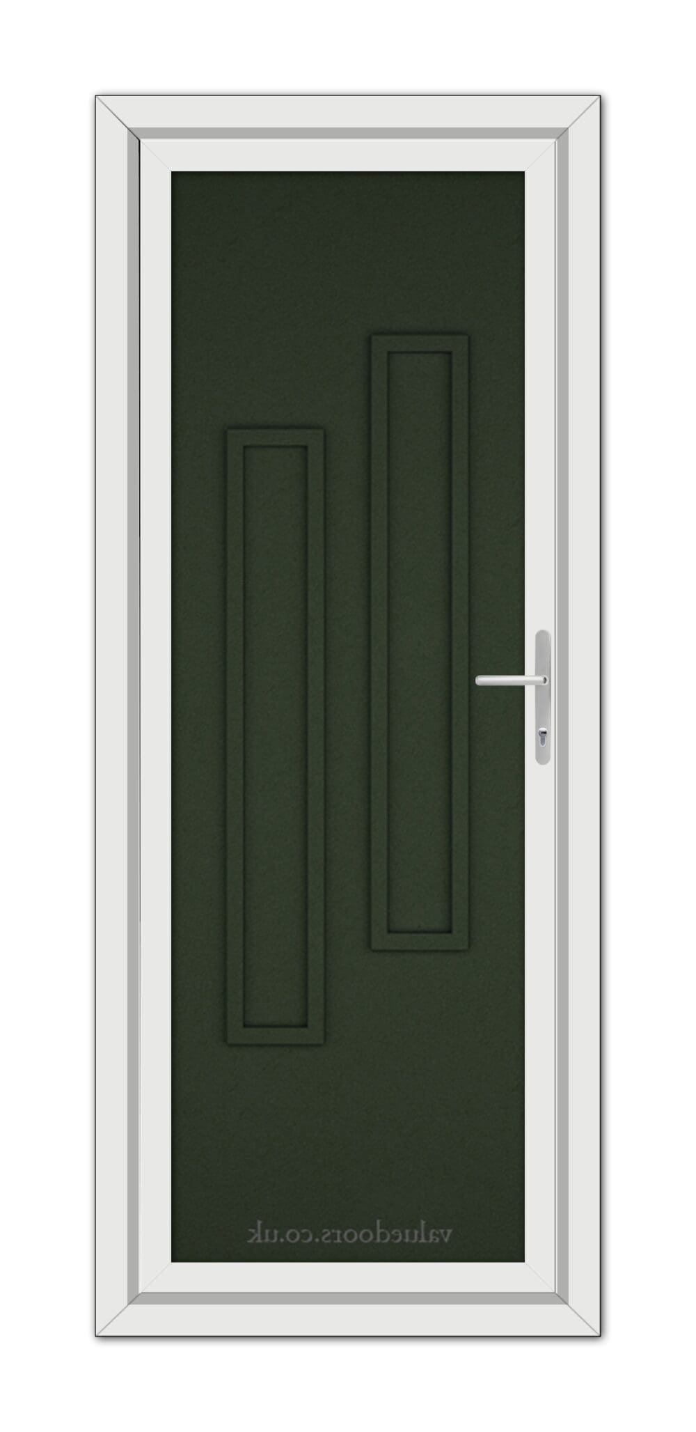 A vertical image of a Green Modern 5082 Solid uPVC Door with silver handle, set within a white frame, viewed from the front.