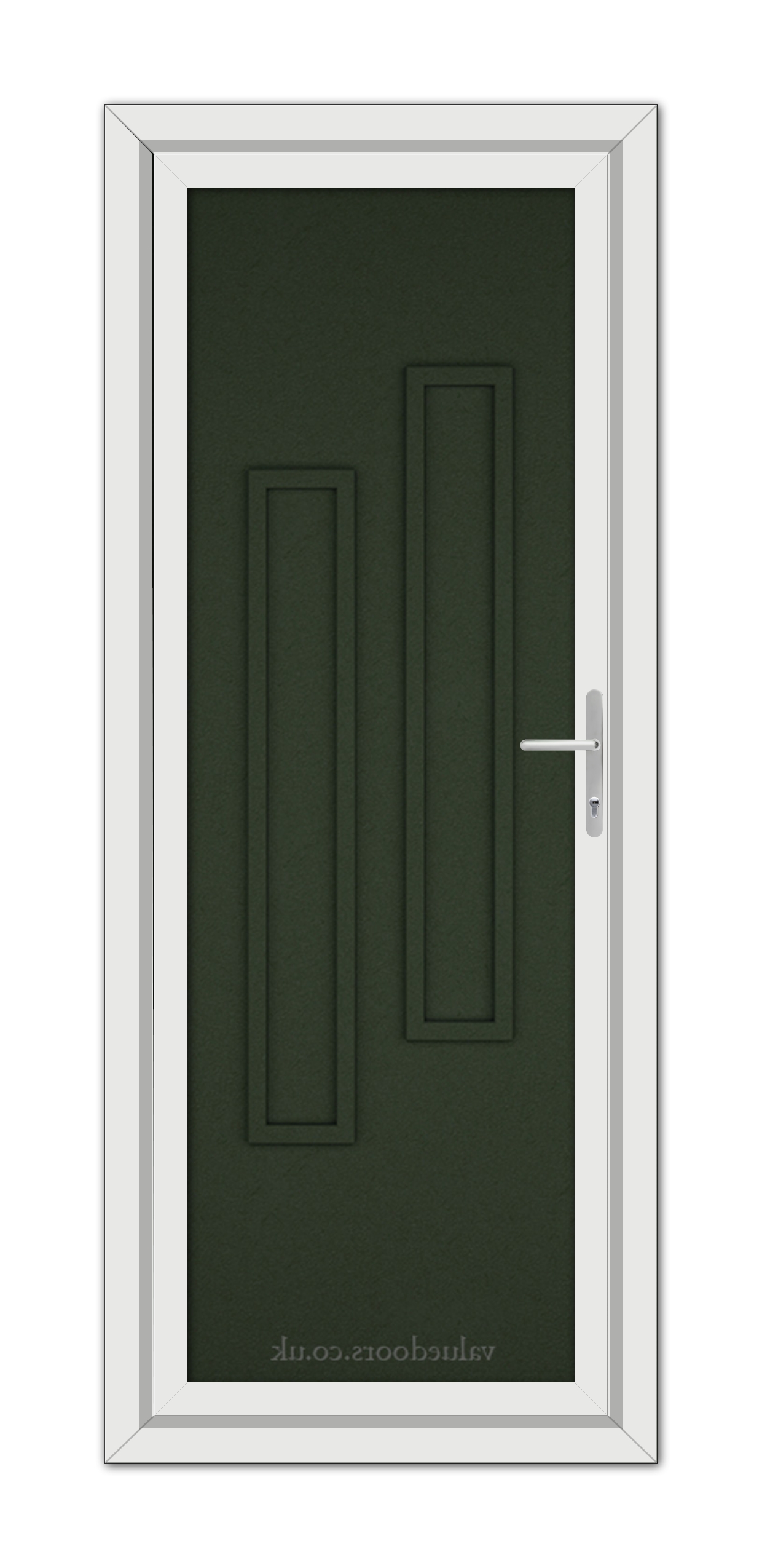 A vertical image of a Green Modern 5082 Solid uPVC Door with silver handle, set within a white frame, viewed from the front.