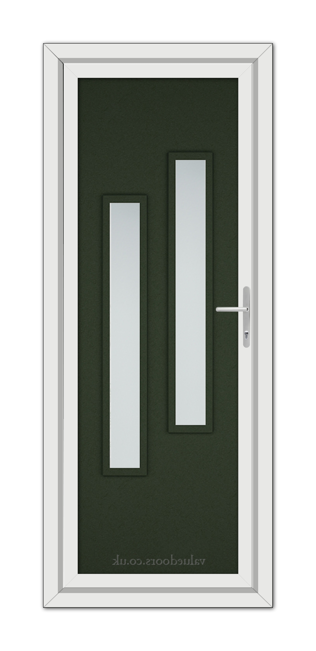 A Green Modern 5082 uPVC Door with two vertical glass panels and a white frame, featuring a sleek silver handle on the right side.