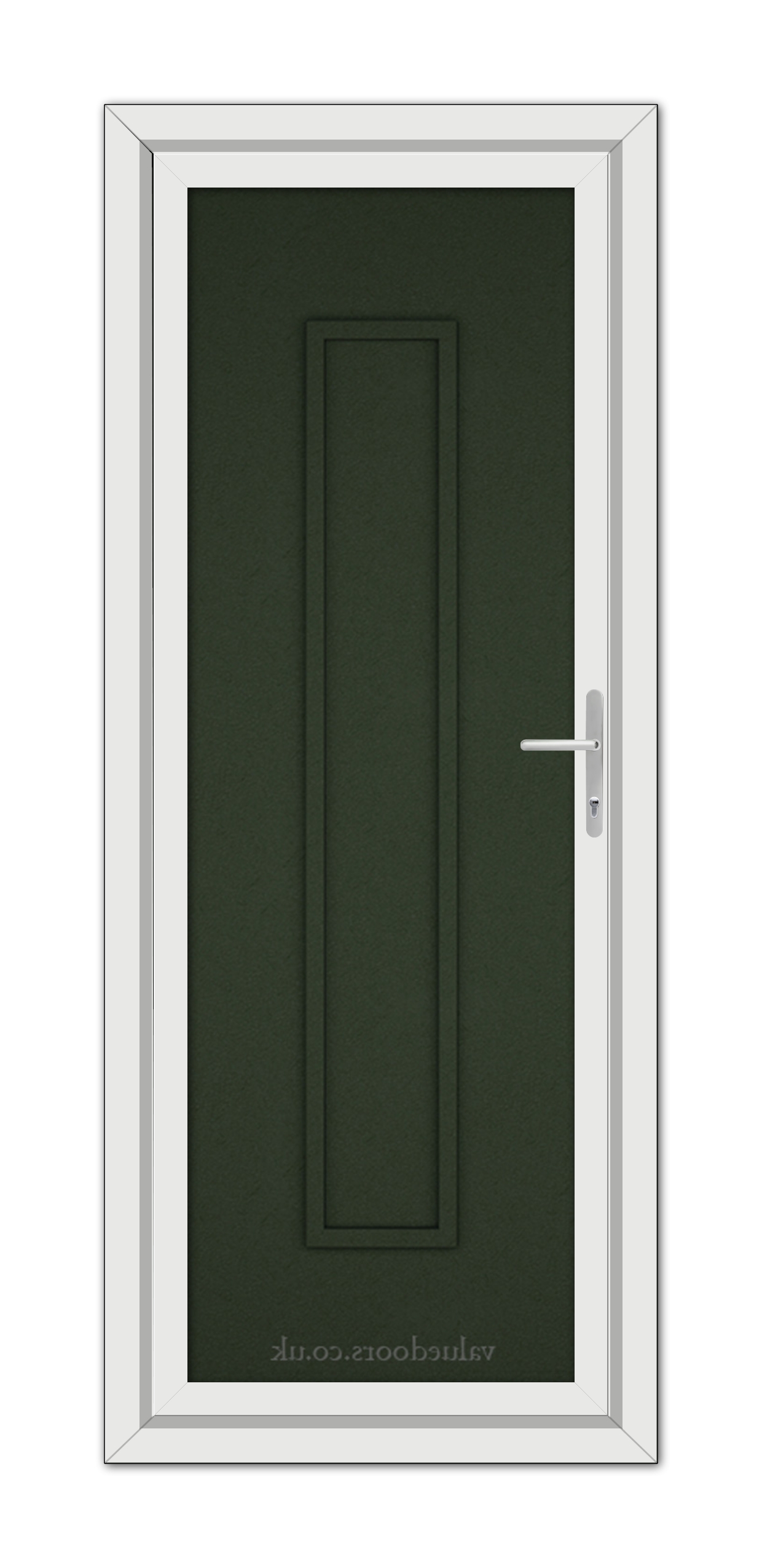 A Green Modern 5101 Solid uPVC door with a long, vertical embossed panel and silver handle, set within a white frame.
