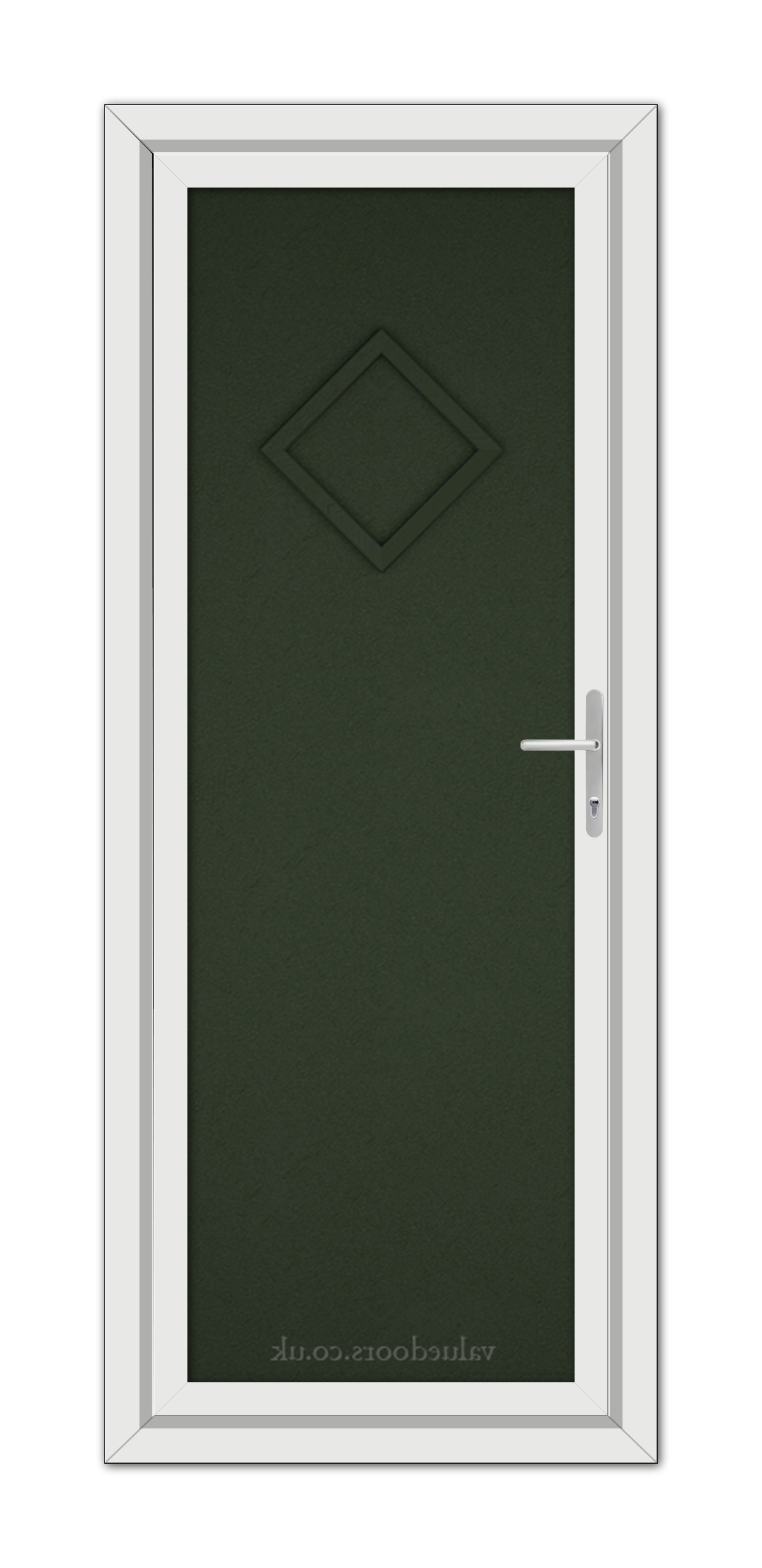 A vertical image of a Green Modern 5131 Solid uPVC door with a diamond-shaped panel, framed in white, featuring a silver handle on the right side.