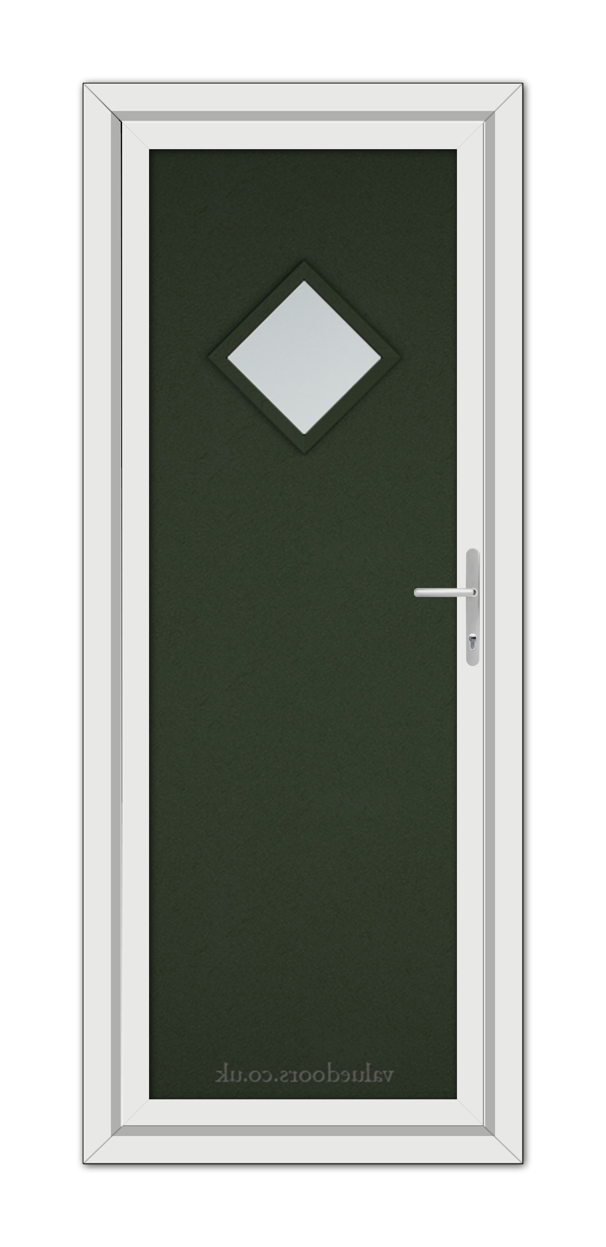 A Green Modern 5131 uPVC Door with a white frame, featuring a diamond-shaped window at the top and a silver handle on the right side.