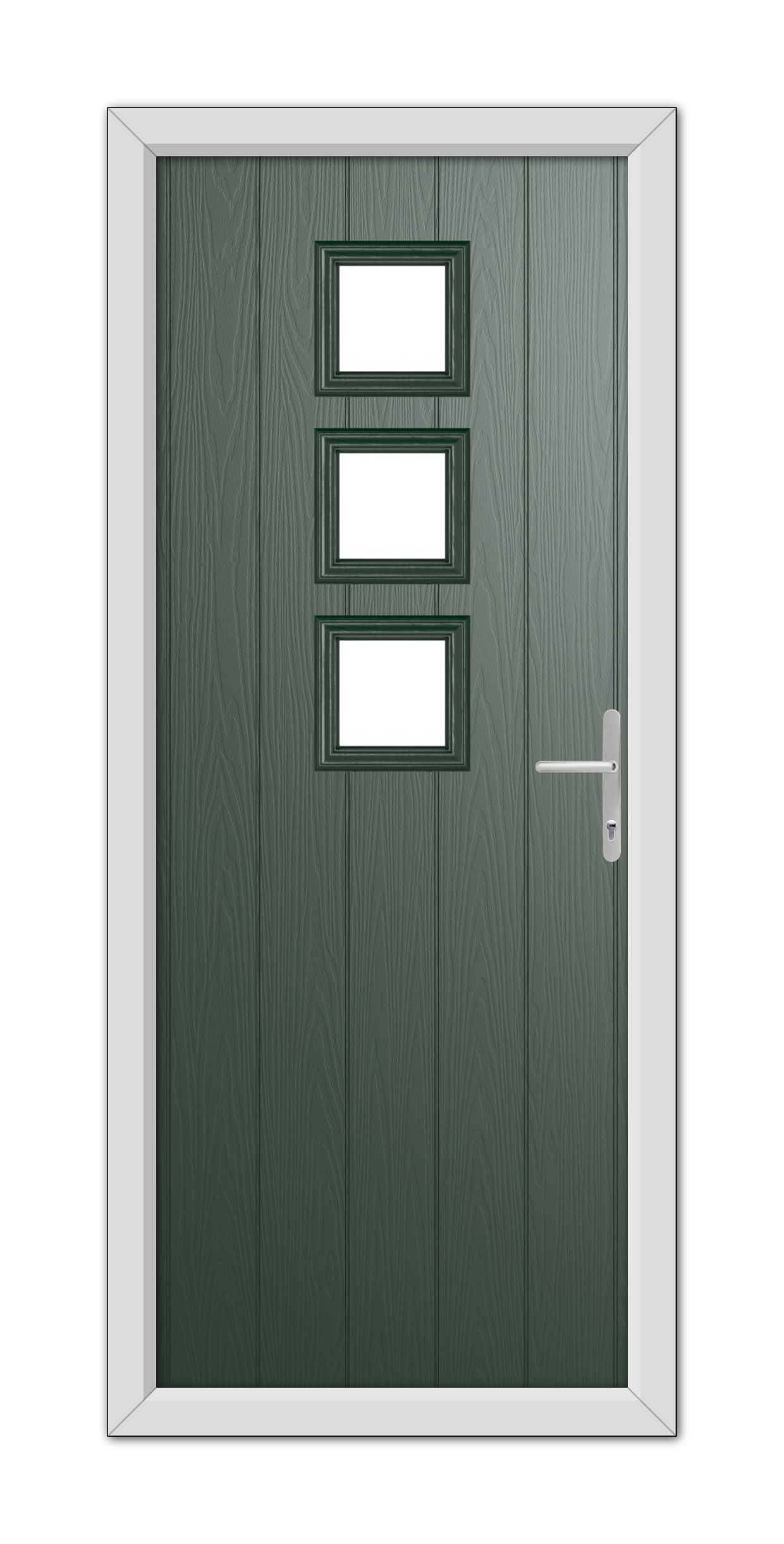 A modern Green Montrose Composite Door 48mm Timber Core with three rectangular glass panels and a white metal handle, set within a white frame.