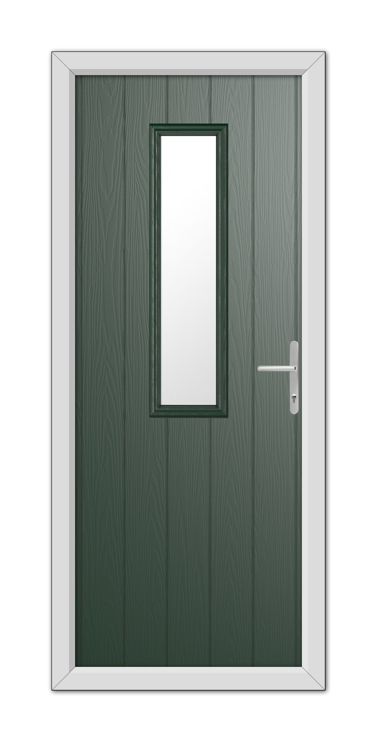 A Green Mowbray Composite Door 48mm Timber Core with a vertical rectangular glass panel and a white handle, framed by a white door frame.