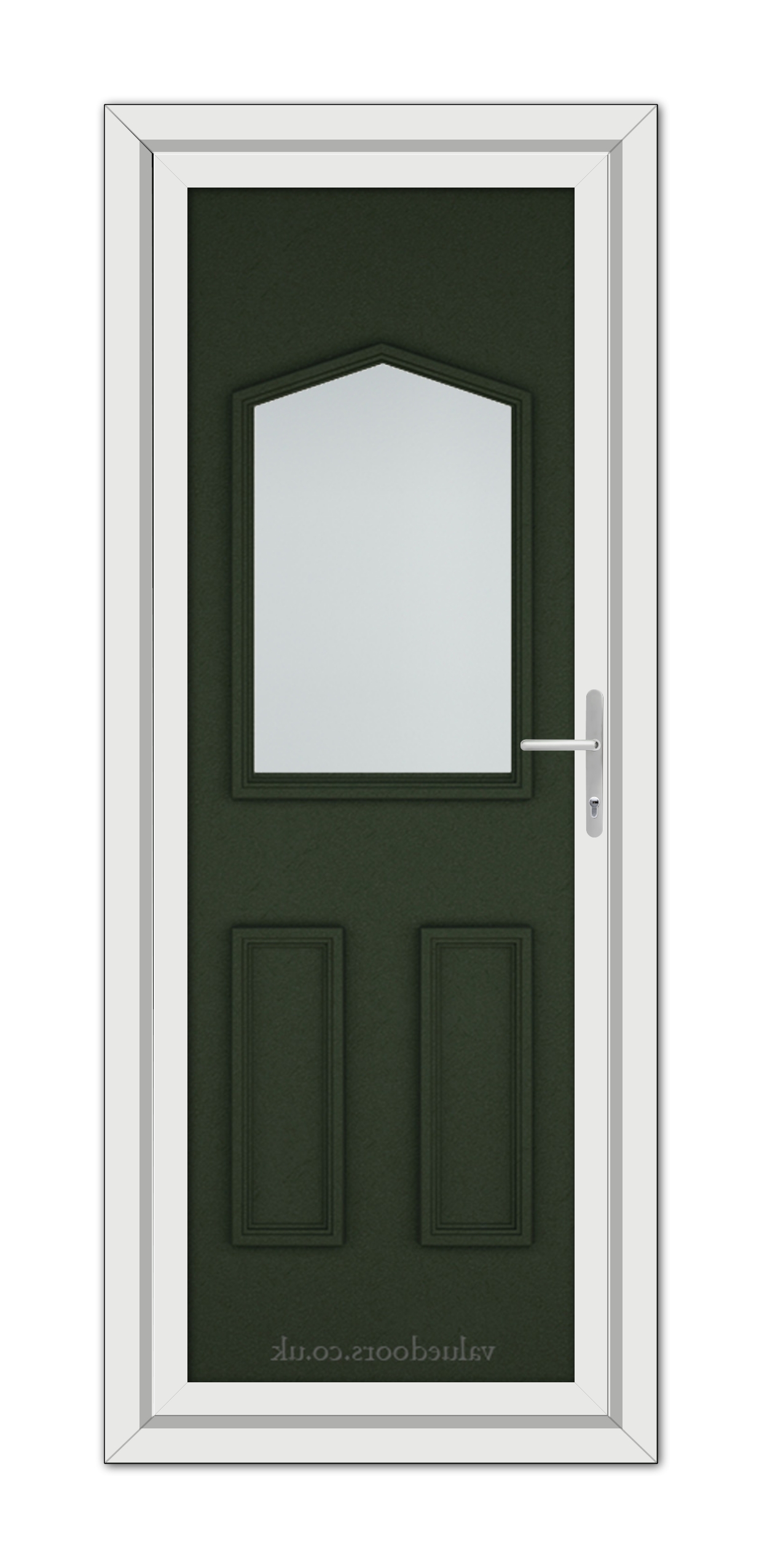 A vertical image of a Green Oxford uPVC Door with an arched window at the top, two recessed panels below, and a silver handle on the right.