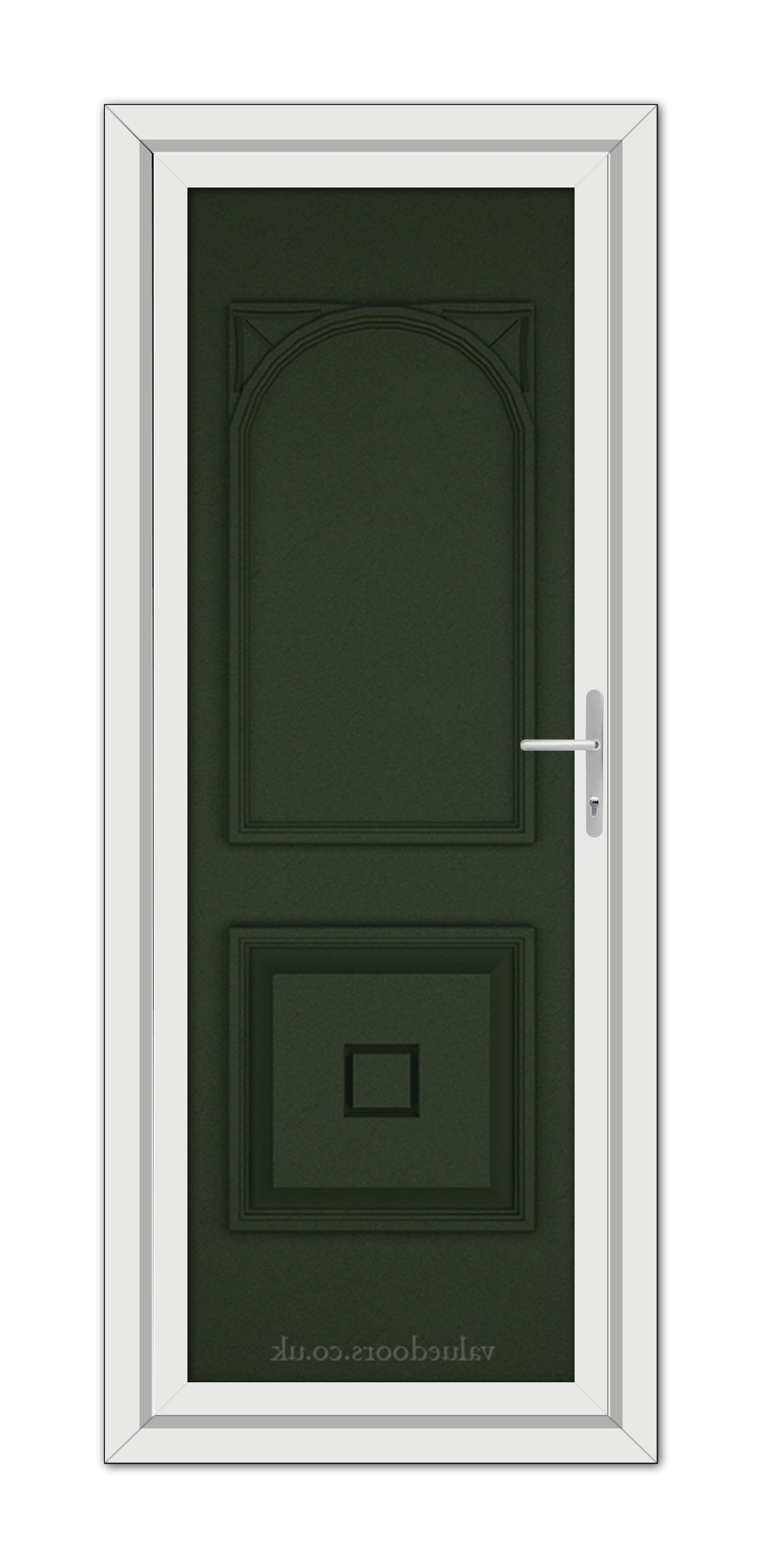 A Green Reims Solid uPVC door with a rectangular upper panel and a square lower panel, featuring a white handle, set in a white door frame.