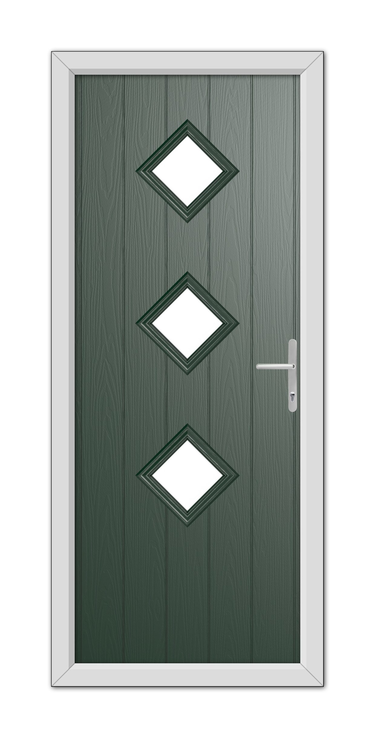 A Green Richmond Composite Door 48mm Timber Core with three diamond-shaped windows and a modern handle, set within a white frame.