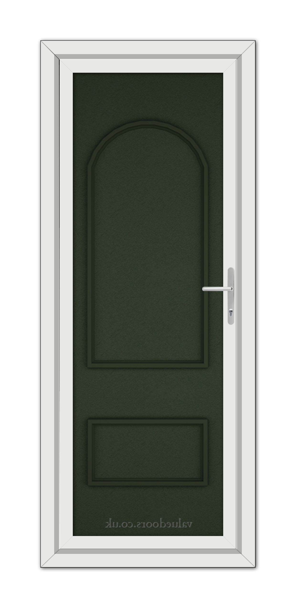 A vertical image of a Green Rockingham Solid uPVC Door within a white frame, featuring a silver handle on the right side.