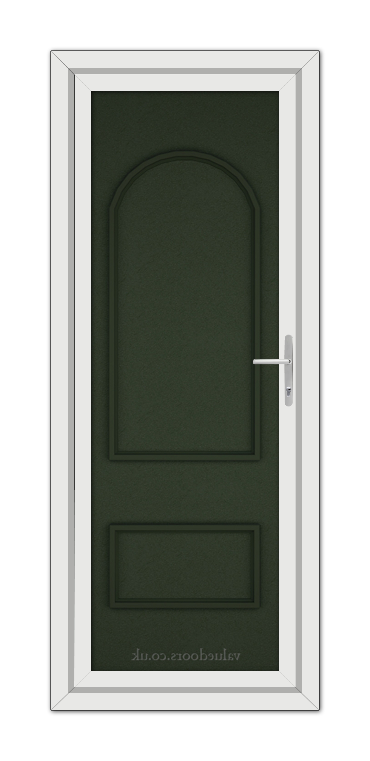 A vertical image of a Green Rockingham Solid uPVC Door within a white frame, featuring a silver handle on the right side.
