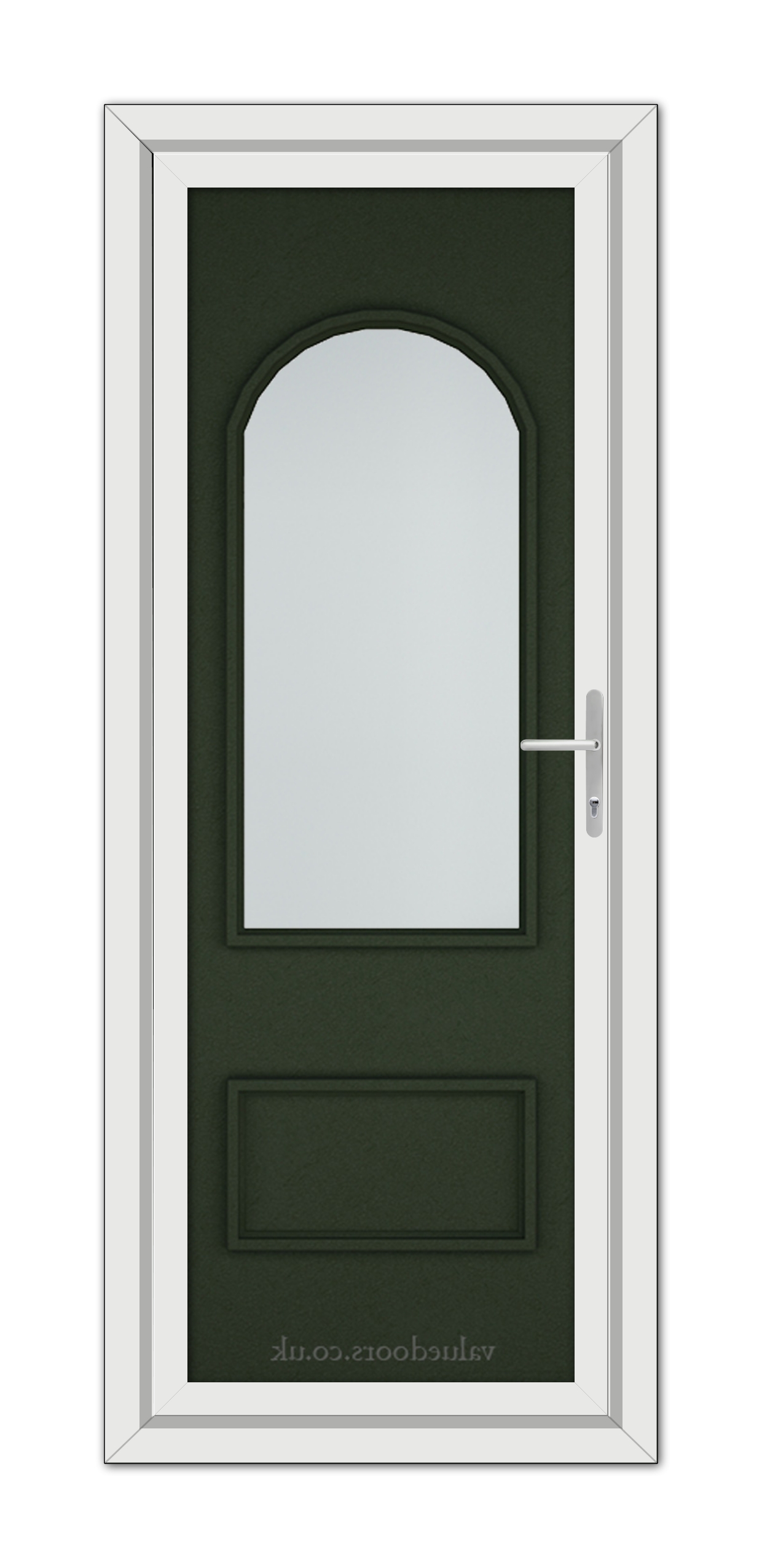 A Green Rockingham uPVC Door with an arched window and a silver handle, framed within a white door frame.