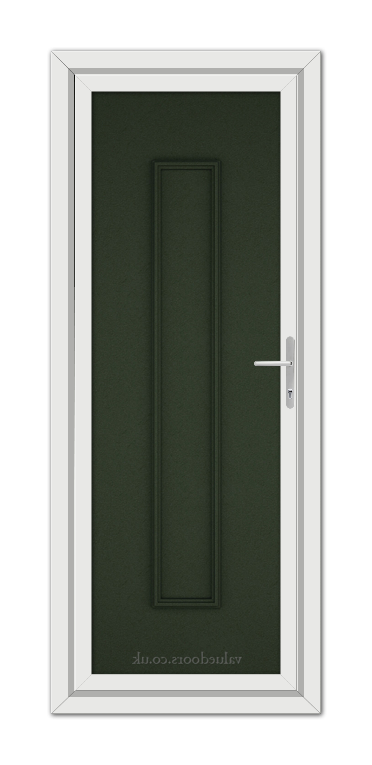 A modern, Green Rome Solid uPVC Door with a long, vertical, rectangular panel and a silver handle framed in white.