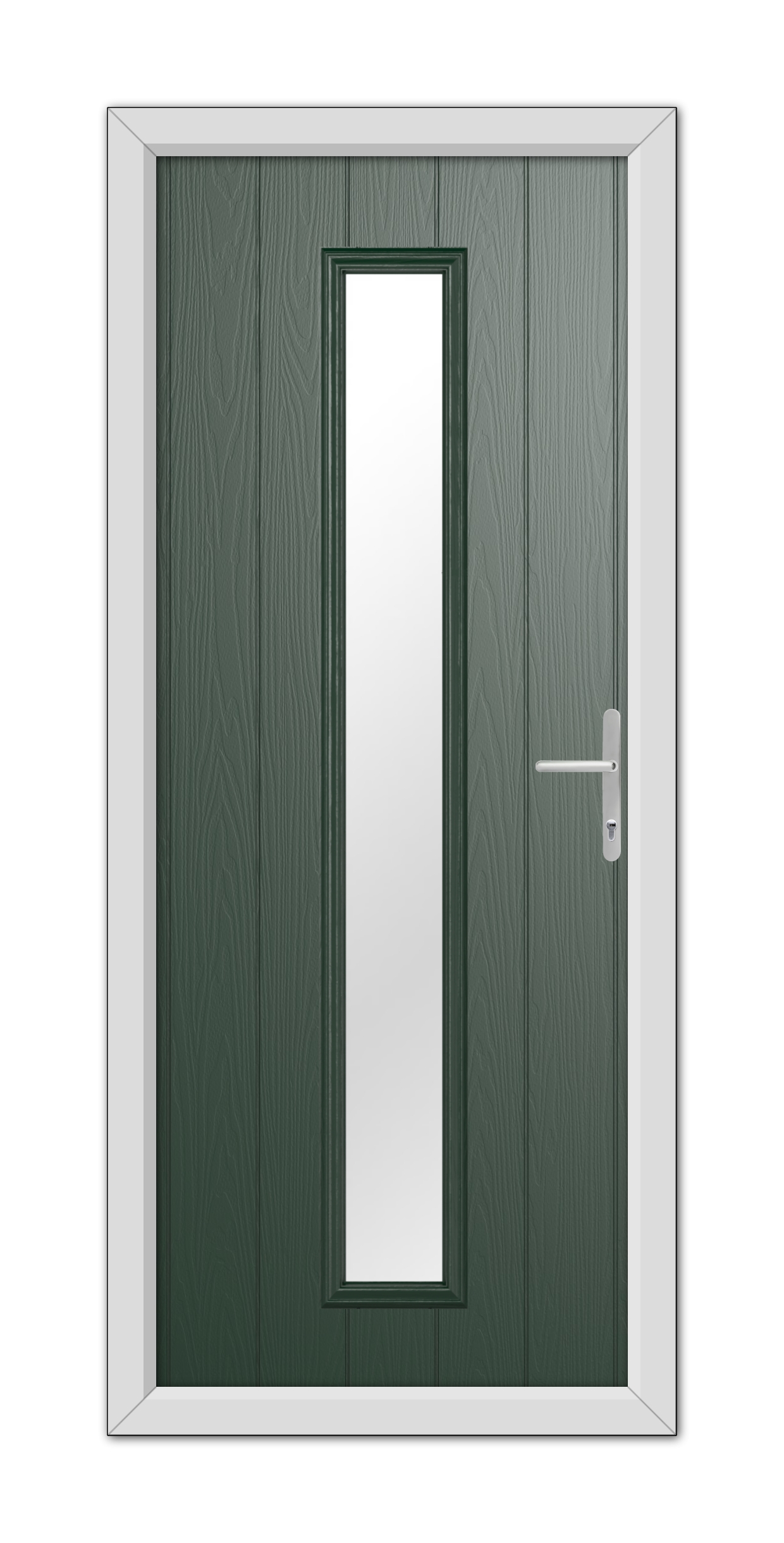 A Green Rutland Composite Door 48mm Timber Core with a long vertical glass panel and modern white handle, set in a white frame.