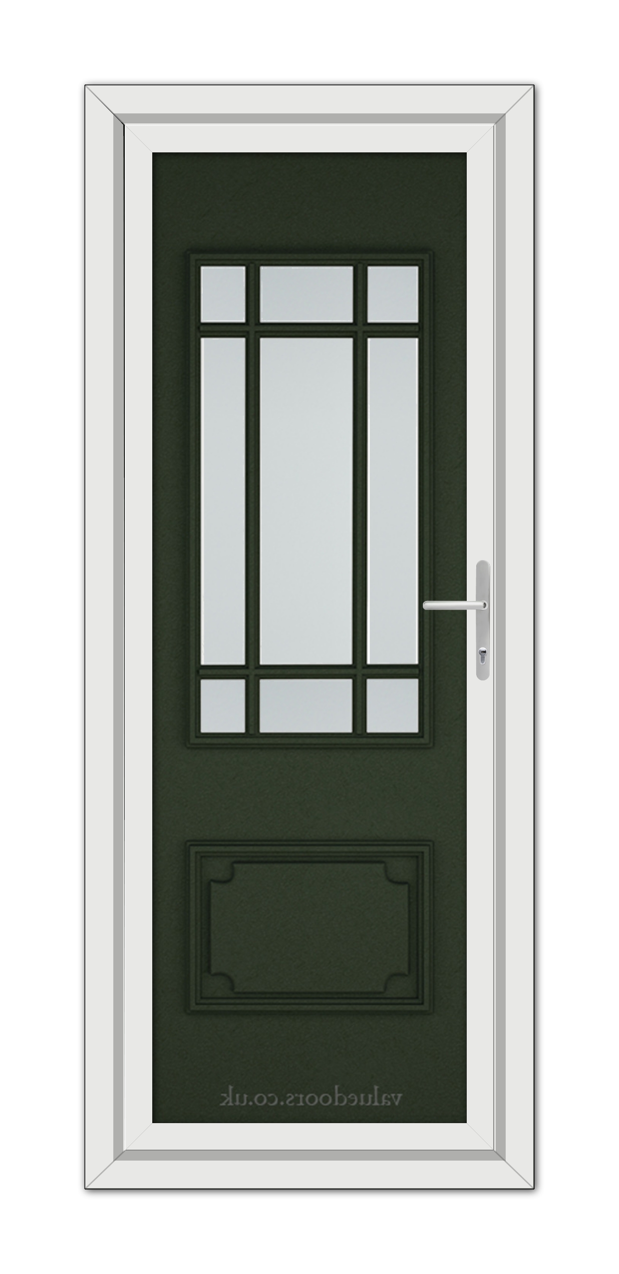 A vertical image of a Green Seville uPVC Door with a large glass window divided into six panes and a metallic handle, set in a white frame.