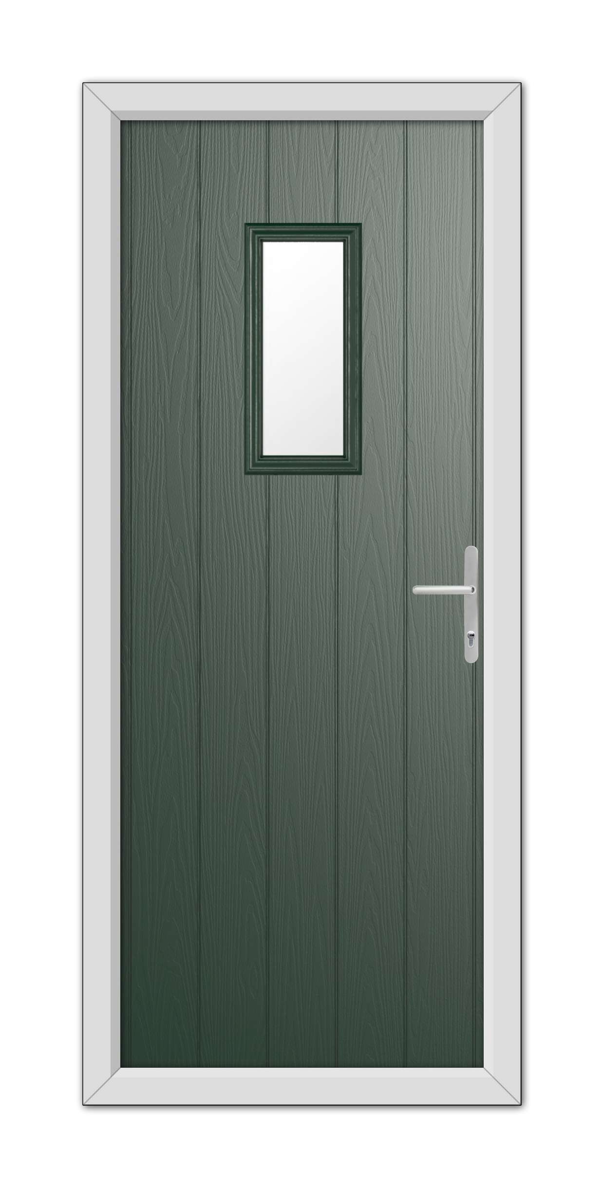 A Green Somerset Composite Door 48mm Timber Core with a square window and white handle, set within a white door frame, viewed head-on.