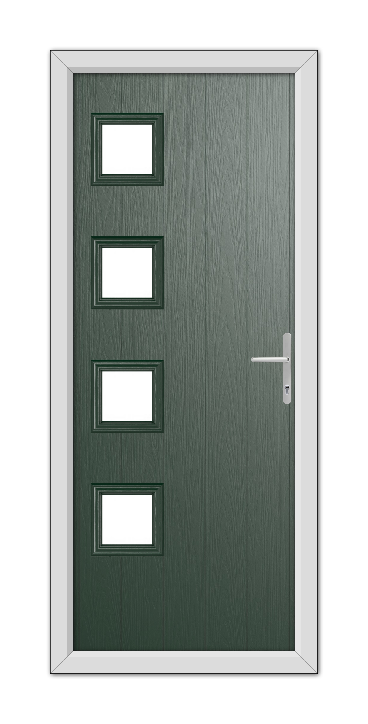 A modern Green Sussex Composite Door 48mm Timber Core featuring four rectangular glass panels arranged vertically, with a white frame and a silver handle.