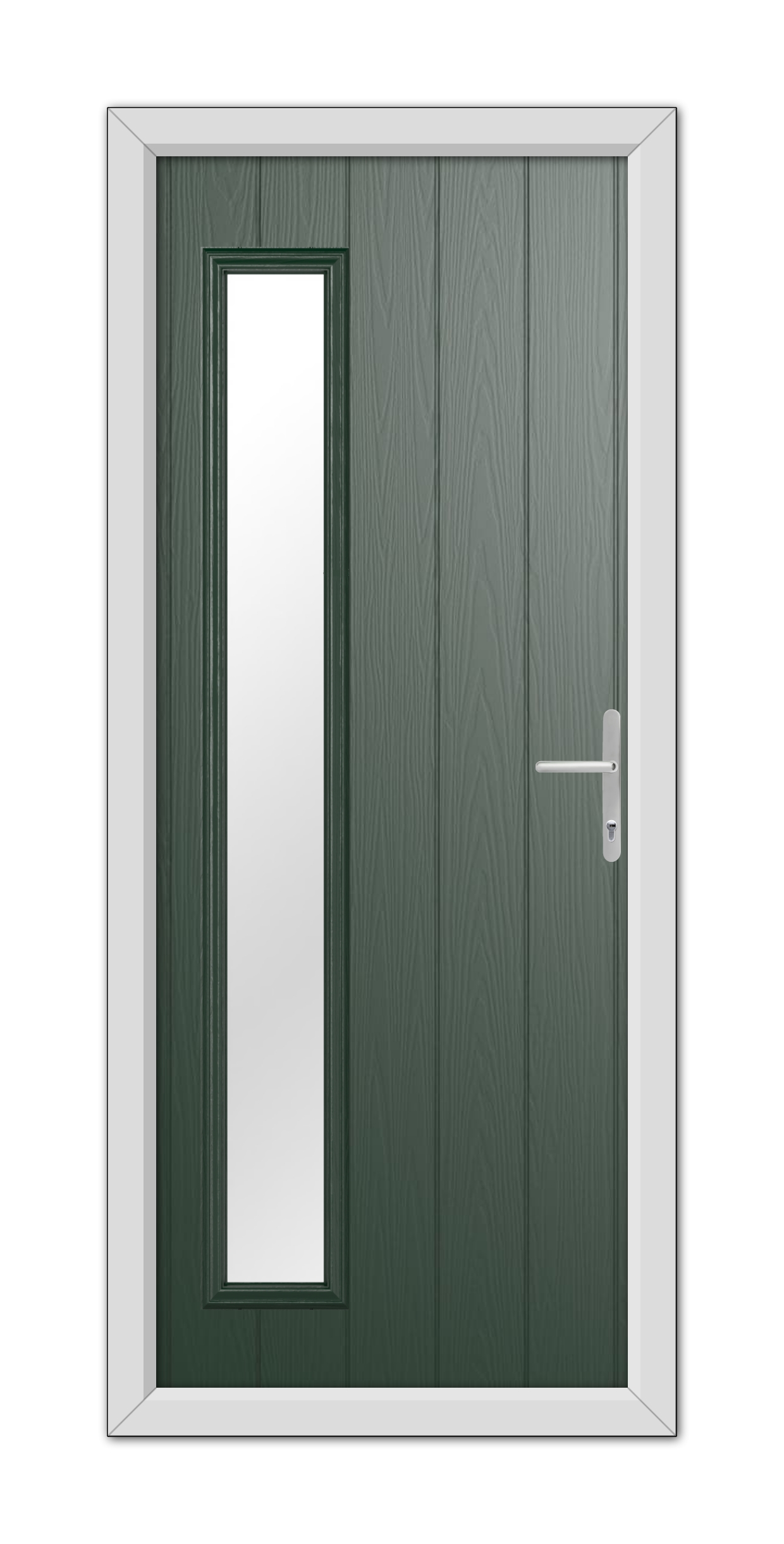 A modern Green Sutherland Composite Door 48mm Timber Core with a vertical narrow glass panel, framed in white, featuring a contemporary handle.