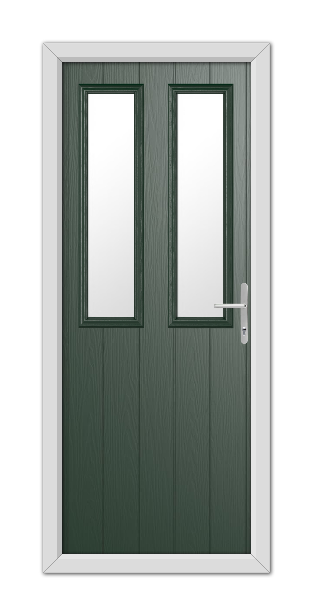 Green Wellington Composite Door 48mm Timber Core with a dark green wooden texture and vertical glass panels, featuring a white frame and a modern handle on the right.