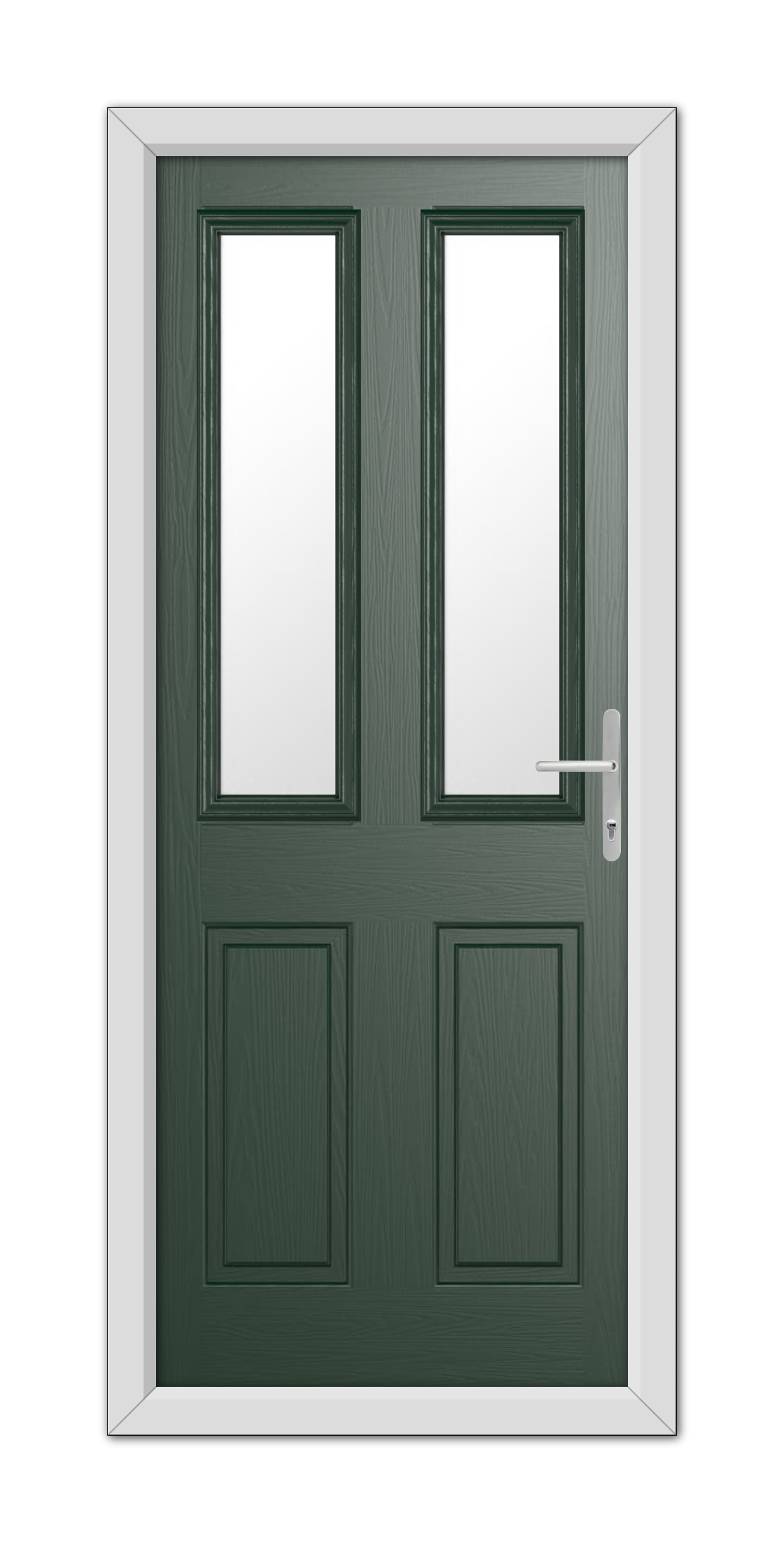 A Green Whitmore Composite Door 48mm Timber Core with white frame, featuring two vertical glass panels and a modern handle on the right side.
