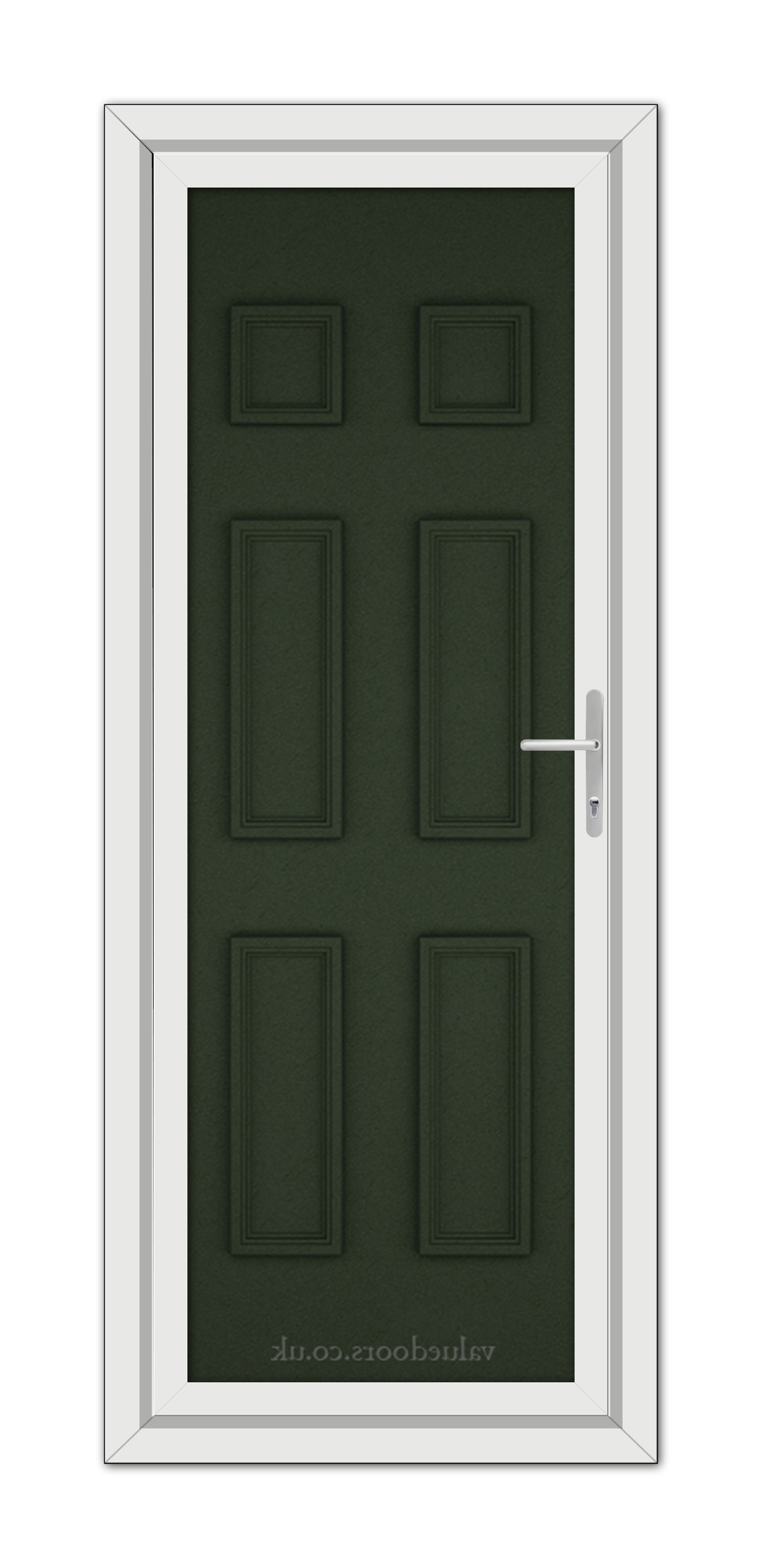 A vertical image of a closed, Green Windsor Solid uPVC Door with six panels, featuring a silver handle on the right side, set within a white door frame.