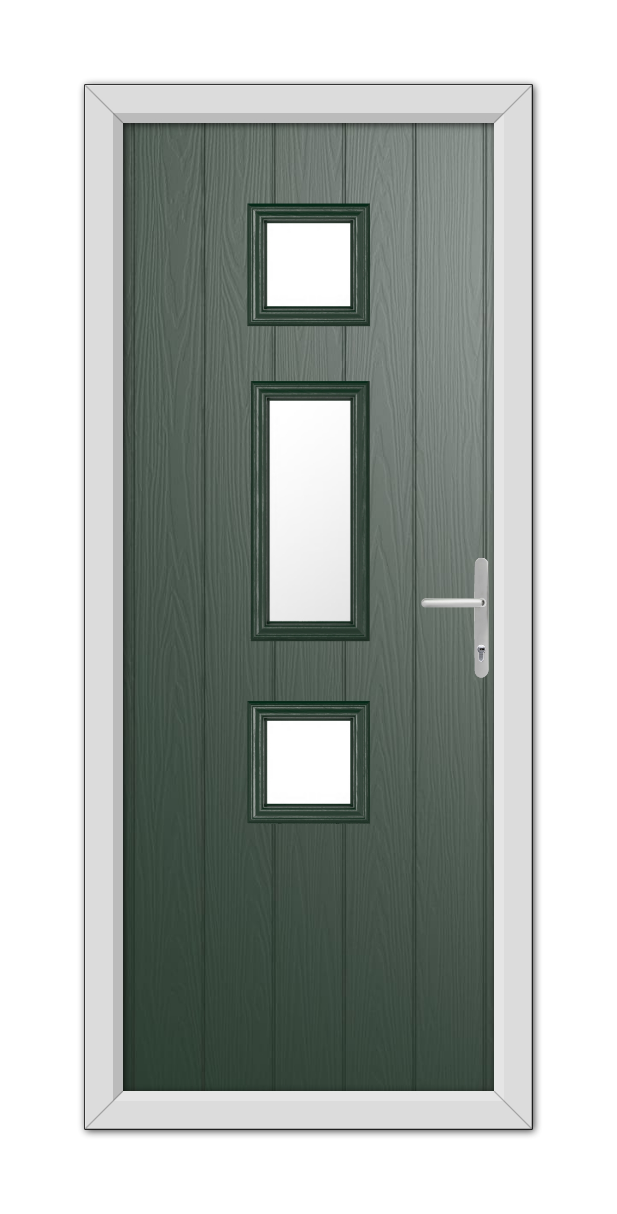 A modern Green York Composite Door 48mm Timber Core with three glass panels and a metal handle, set within a white frame.