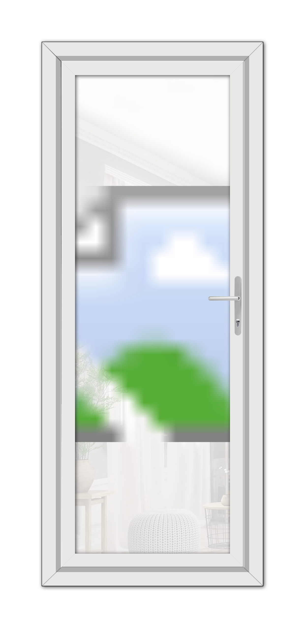 A modern Grey Alnwick One Solid uPVC Door with a clear view, showing a blurred outdoor scene with hints of greenery and blue sky.