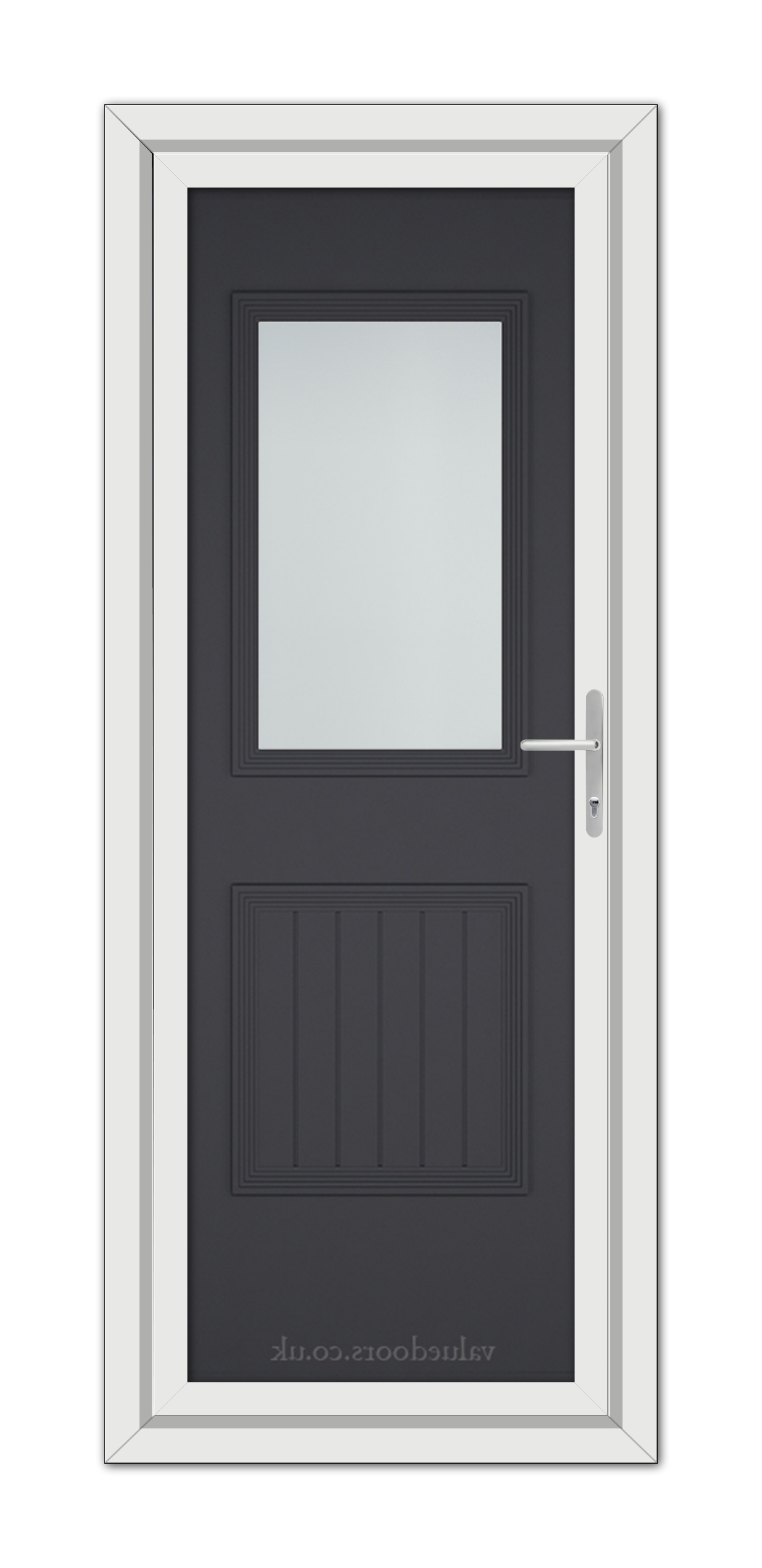 Modern Grey Alnwick One uPVC Door with a vertical rectangular window and a silver handle, set within a white frame.