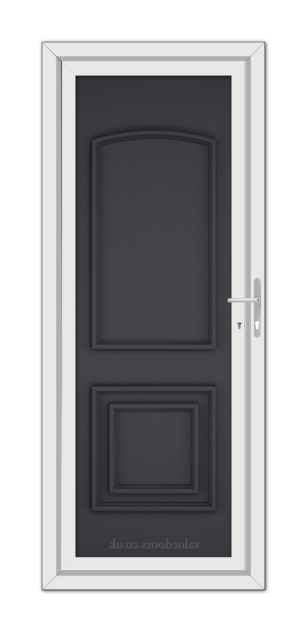 Modern Grey Balmoral Classic Solid uPVC door with a white frame and a steel handle, viewed from the front.