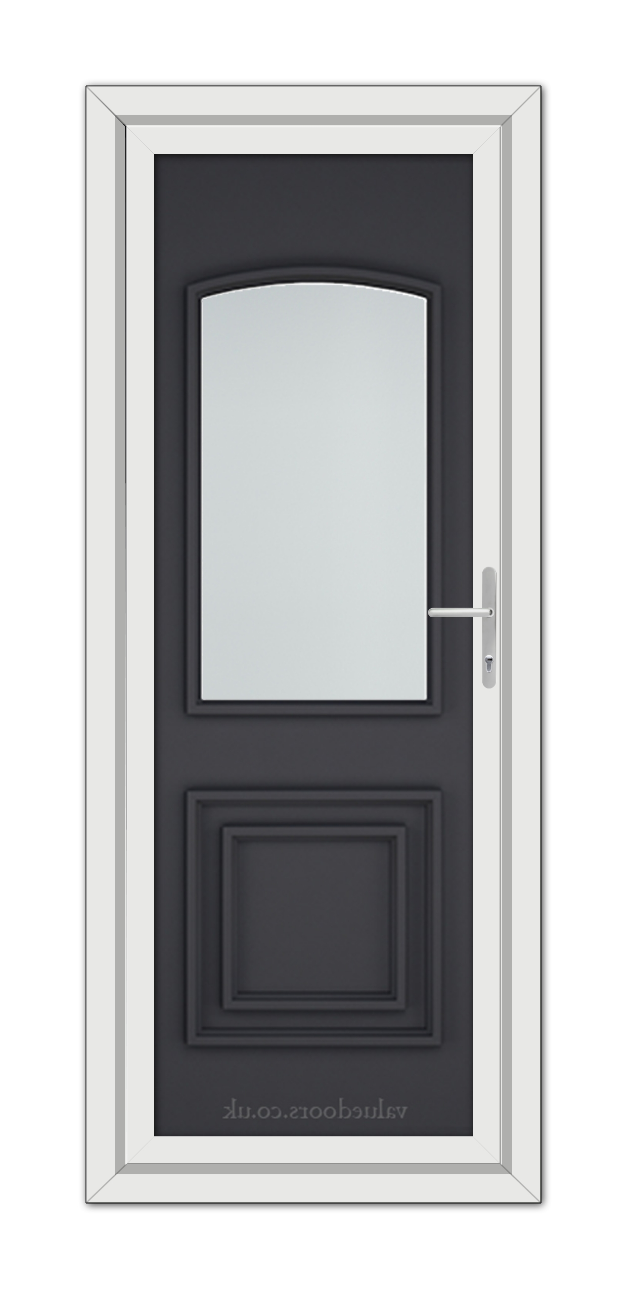 A modern Grey Balmoral Classic uPVC door with a vertical rectangular window, framed in white and equipped with a silver handle on the right side.