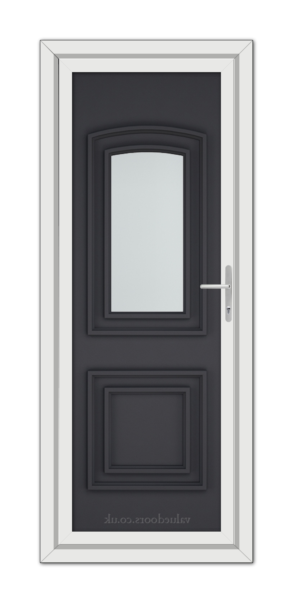 A modern, Grey Balmoral One uPVC door with a vertical window, framed by a white doorframe and featuring a metallic handle on the right side.