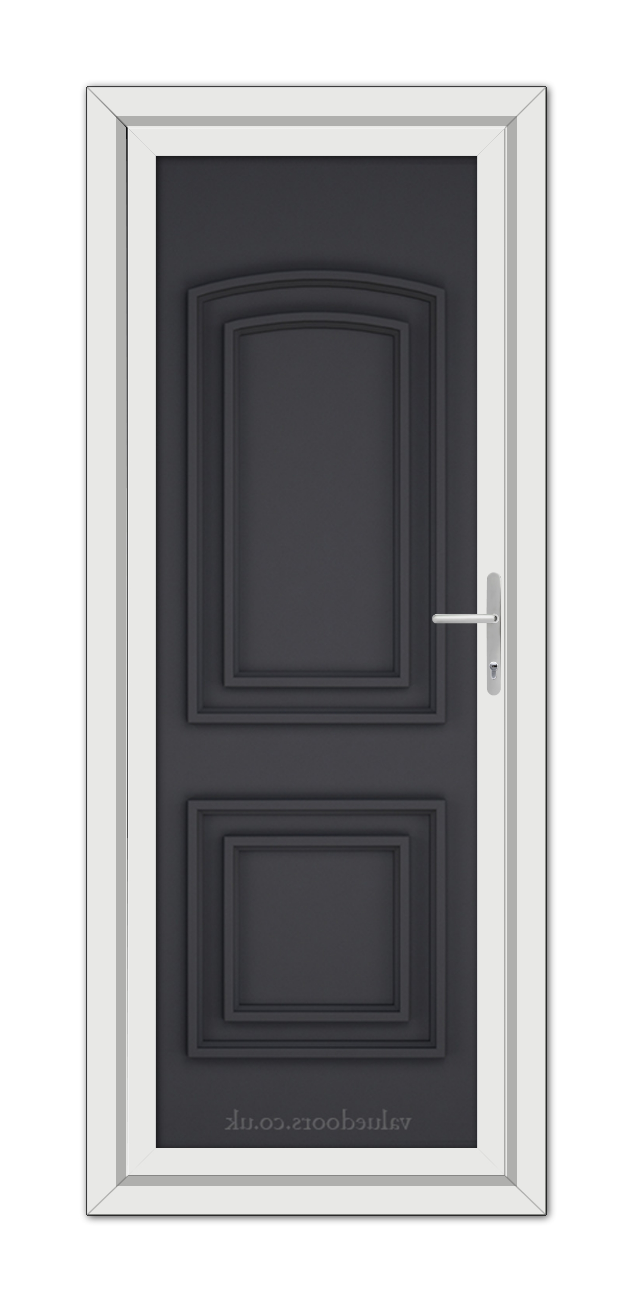 A modern grey Balmoral Solid uPVC door with a vertical handle set in a white frame, seen from the front.