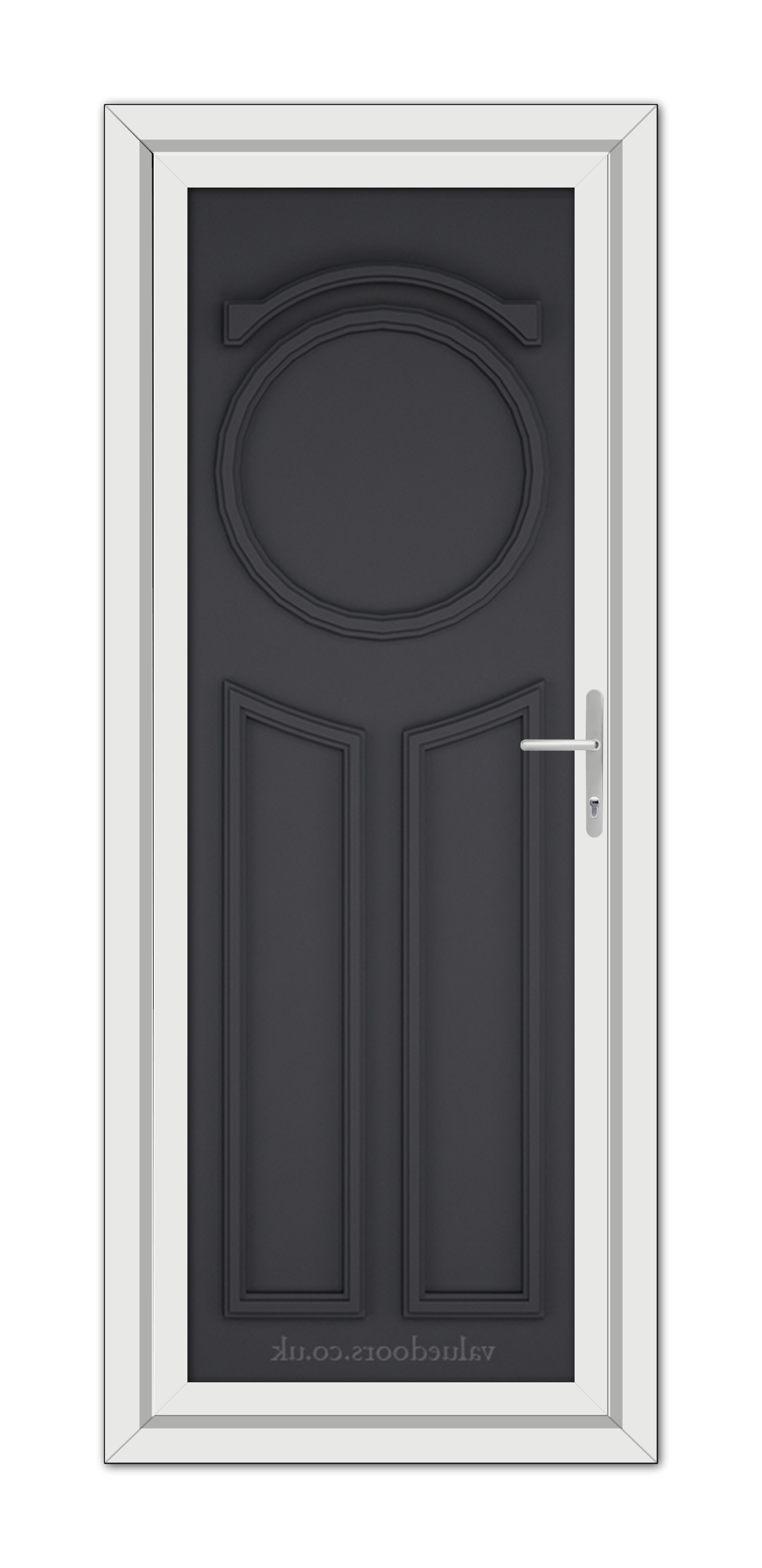 A vertical image of a Grey Blenheim Solid uPVC Door with a circular window at the top, framed in white, featuring a metallic handle on the right side.