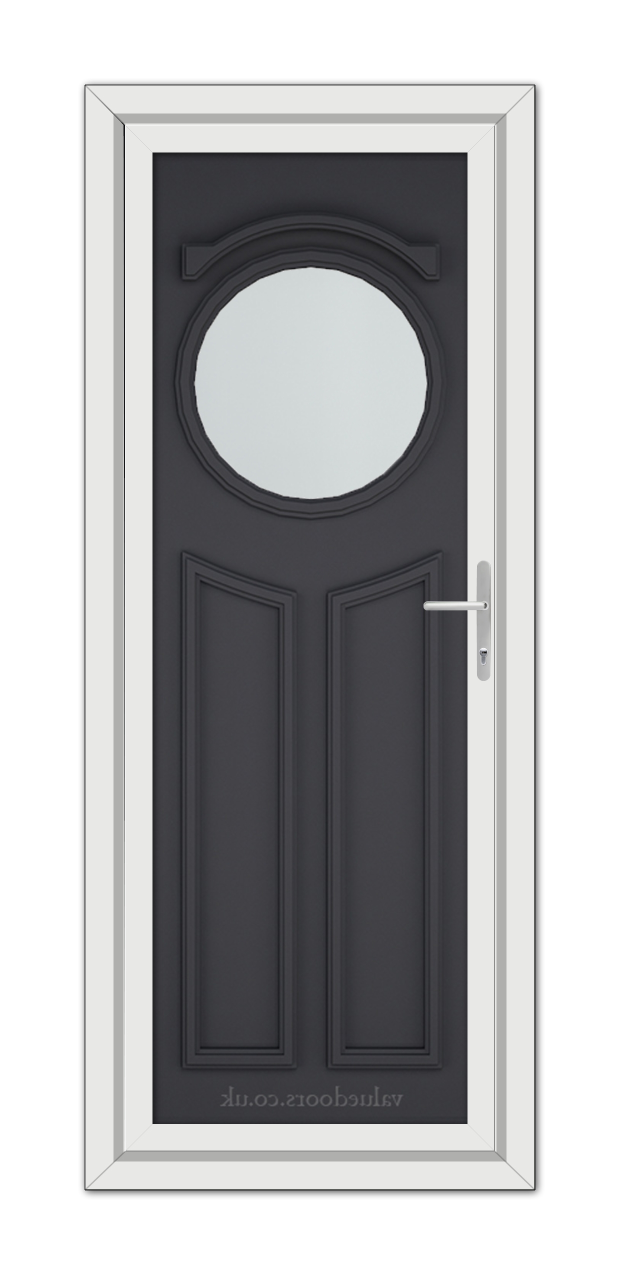A modern Grey Blenheim uPVC Door with an oval-shaped window, set within a white frame, and equipped with a metallic handle on the right side.