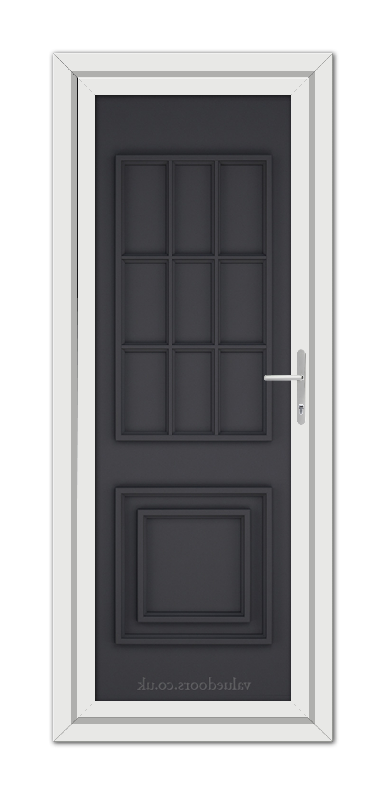 A modern grey Cambridge One Solid uPVC door with a metal handle, featuring a rectangular frame and multiple inset panels.