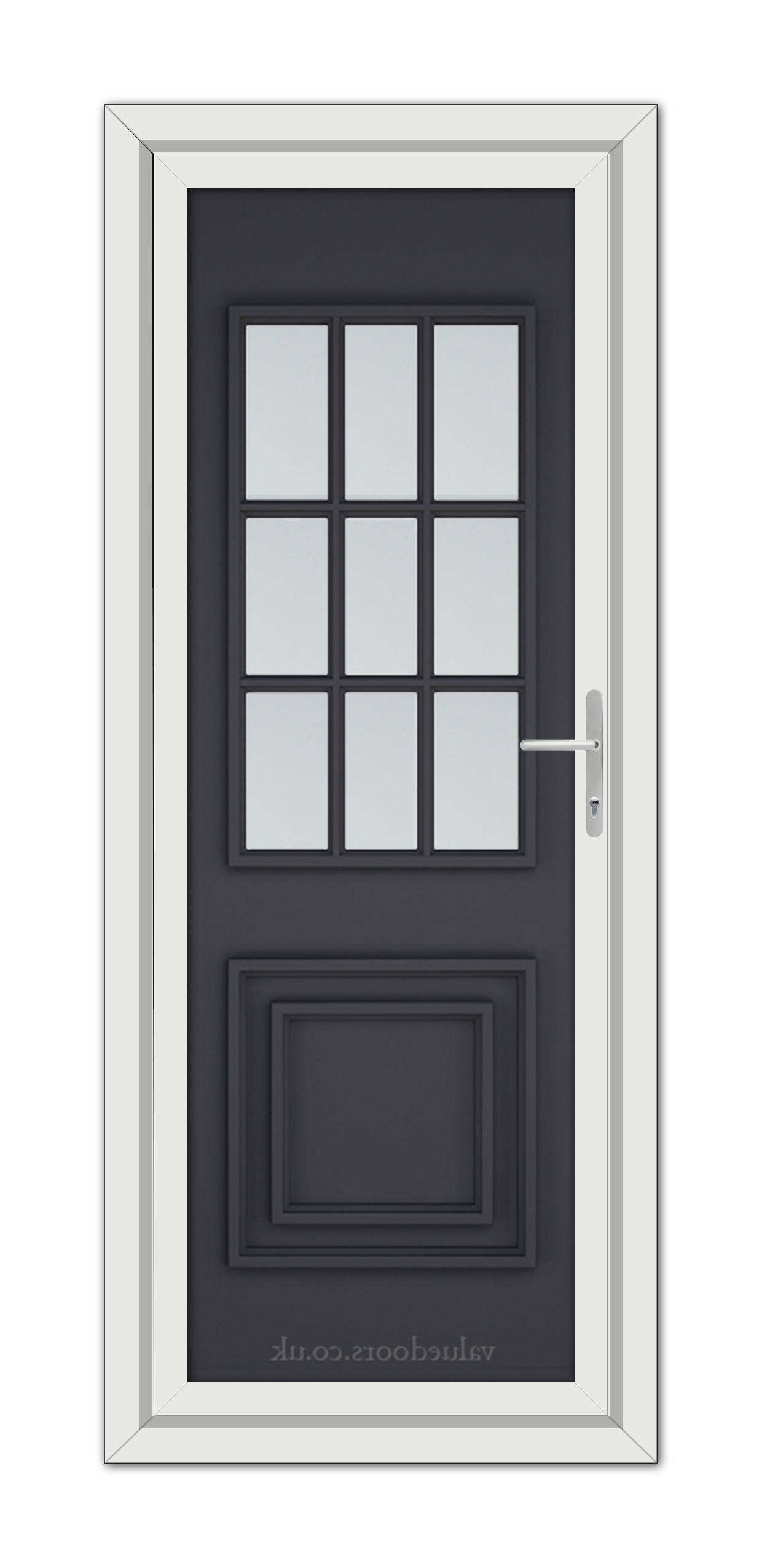 A modern Grey Cambridge One uPVC door with nine square glass panels, a raised central panel, and a silver handle, set within a white frame.