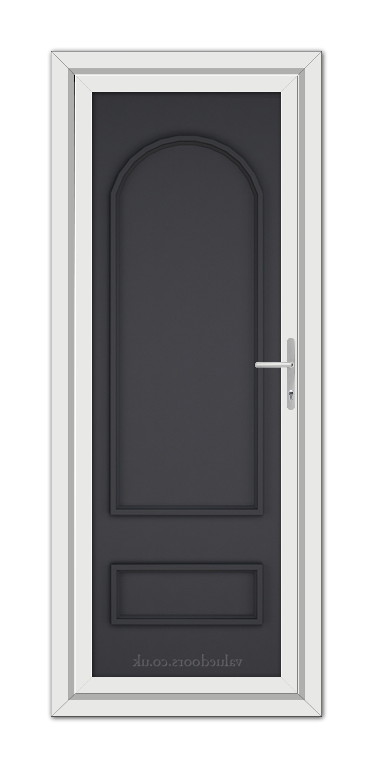 A modern Grey Canterbury Solid uPVC Door with a white frame and a metallic handle, featuring a vertical arched design at the top.