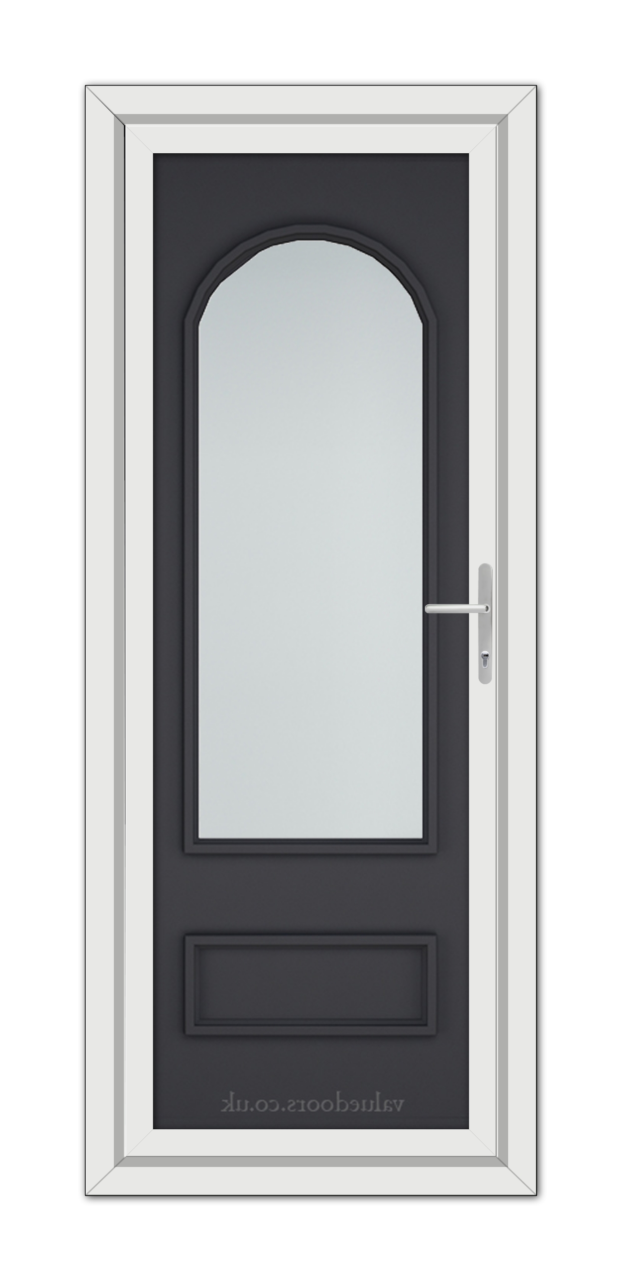 A Grey Canterbury uPVC Door featuring a gray panel with an arched window and a white frame, equipped with a metallic handle on the right.