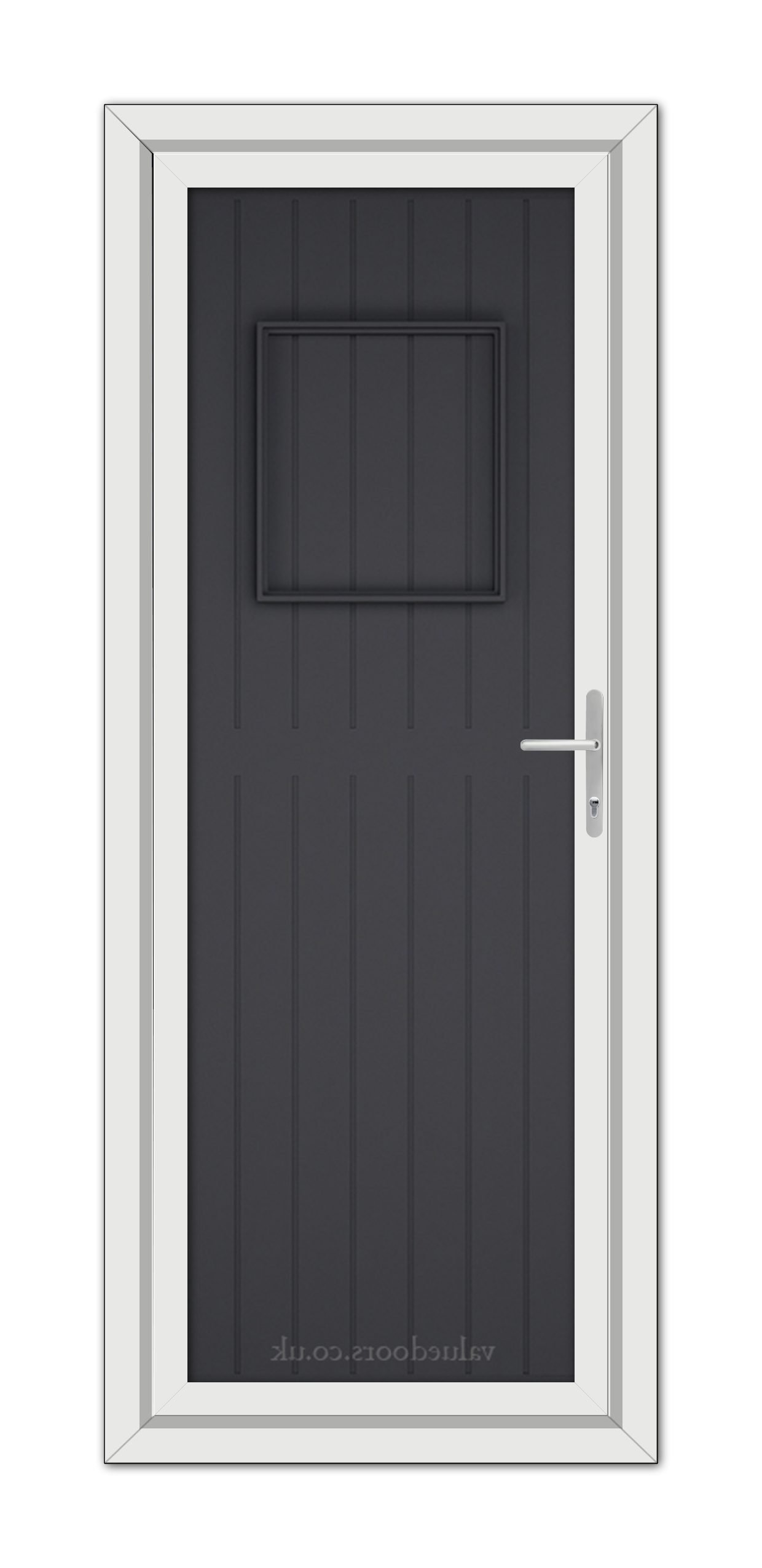 Grey Chatsworth Solid uPVC Door with vertical panels and a small square window, framed in white, with a silver handle on the right side.