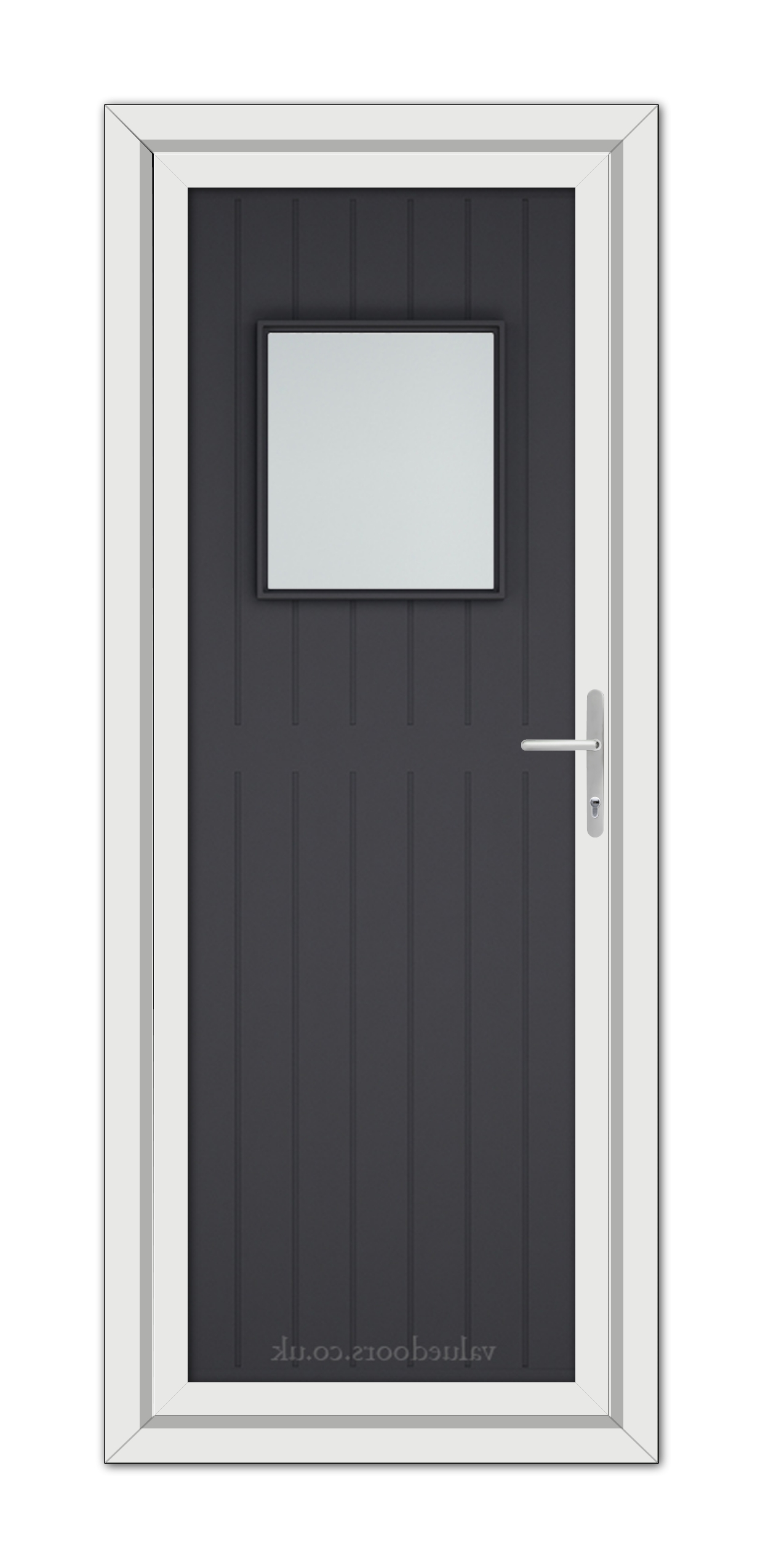 Sentence with Product Name: A modern Grey Chatsworth uPVC Door featuring a small, centered rectangular window, vertical panels, and a silver handle, framed in white.