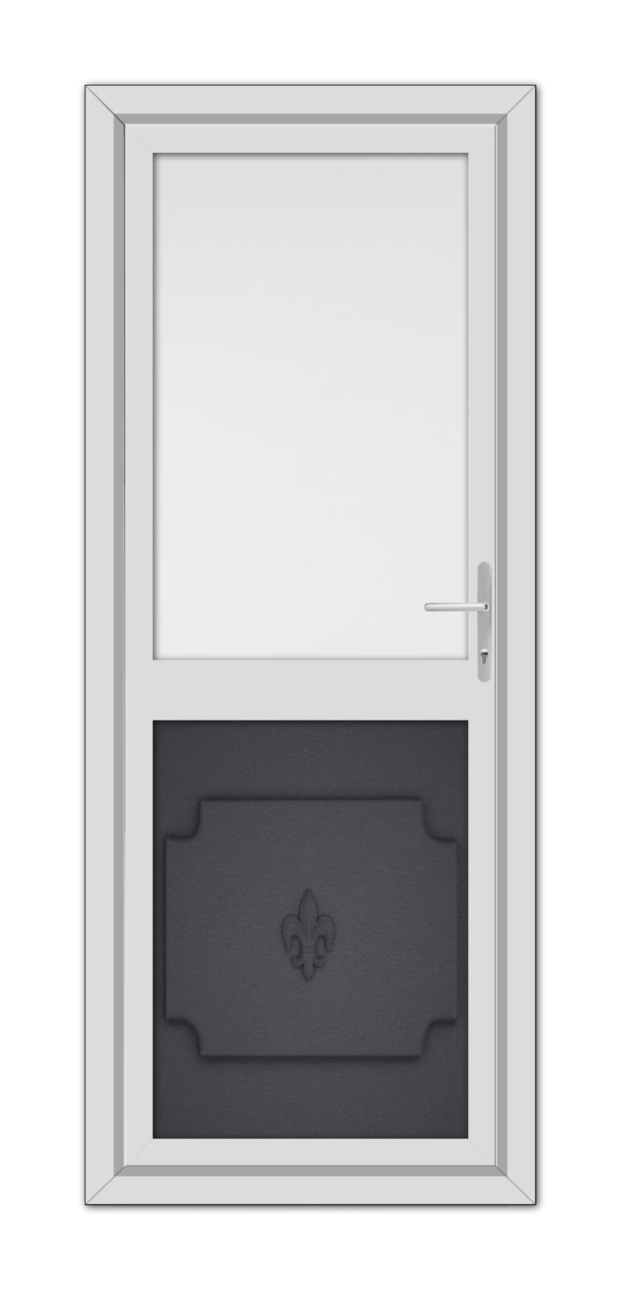 A modern Grey Grained Abbey Half uPVC Back Door with a top glass panel and a decorative lower panel featuring a fleur-de-lis design, complete with a silver handle.