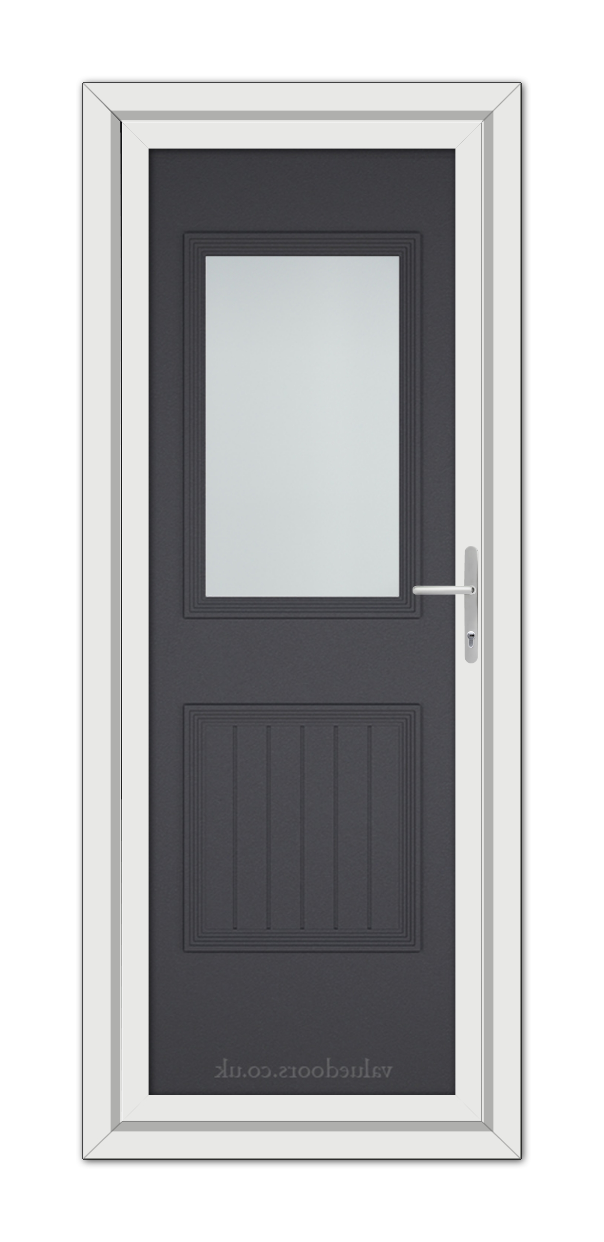 A modern Grey Grained Alnwick One uPVC door with a vertical rectangular window, a silver handle, set within a white door frame.